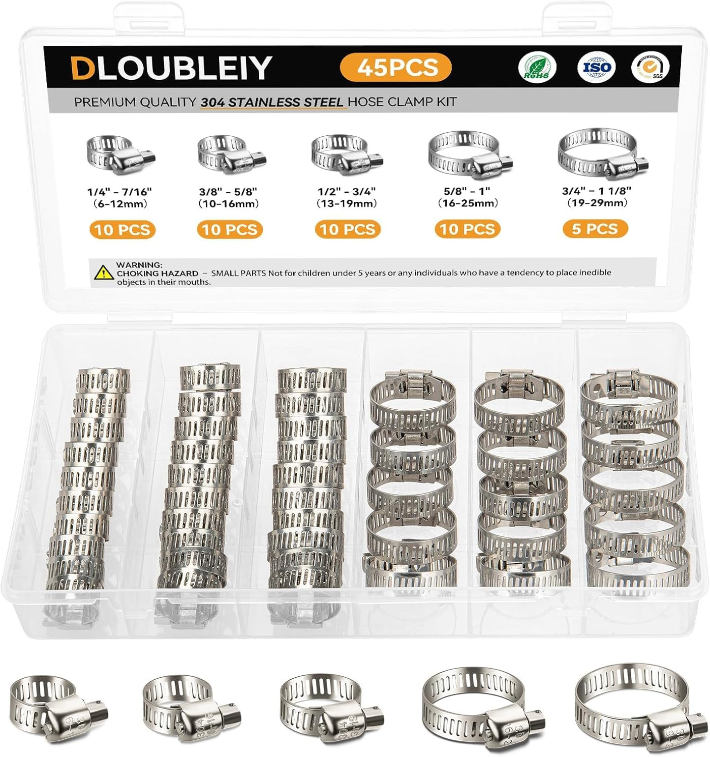 45PCS Hose Clamp Assortment Kit – Stainless Steel Hose Clamps with Worm Gear, Ad
