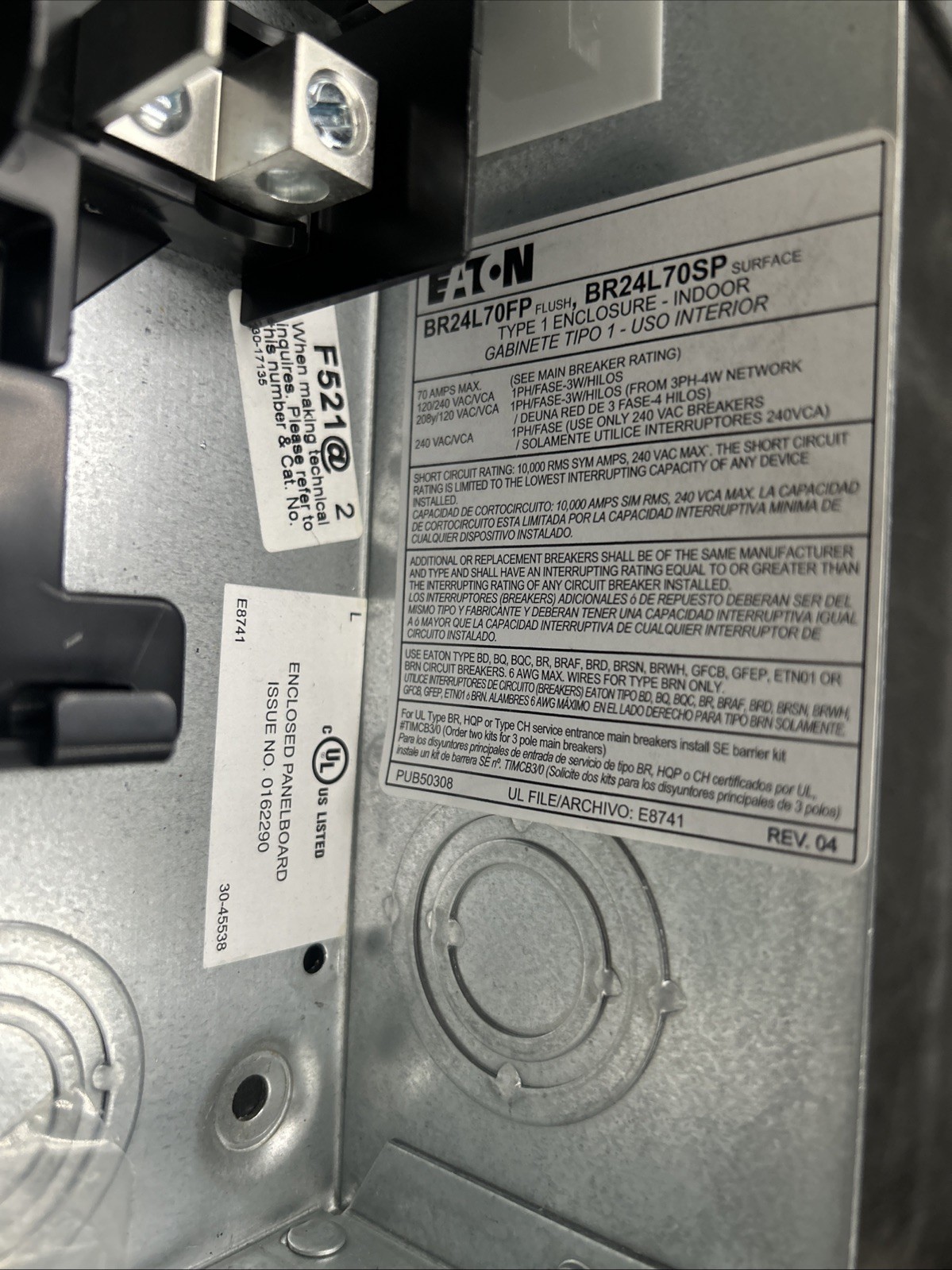 Eaton BR24L70FP 1-Wire Main Lug Load Center  120/240 Volt AC 70A NEMA 1
