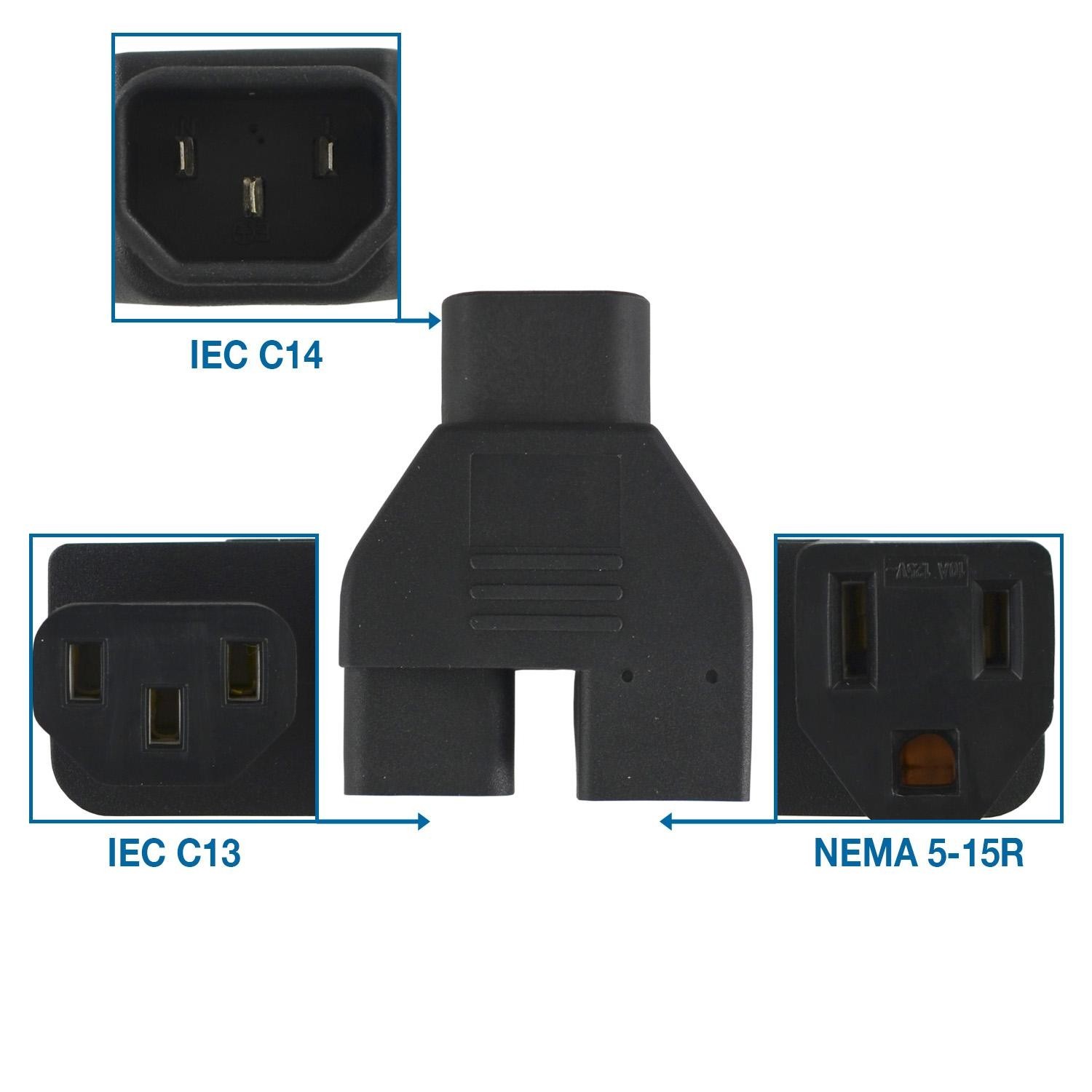 Conntek 30103 Y Male Plug Adapter IEC C14 To IEC C13 and U.S. 3 Pin Female