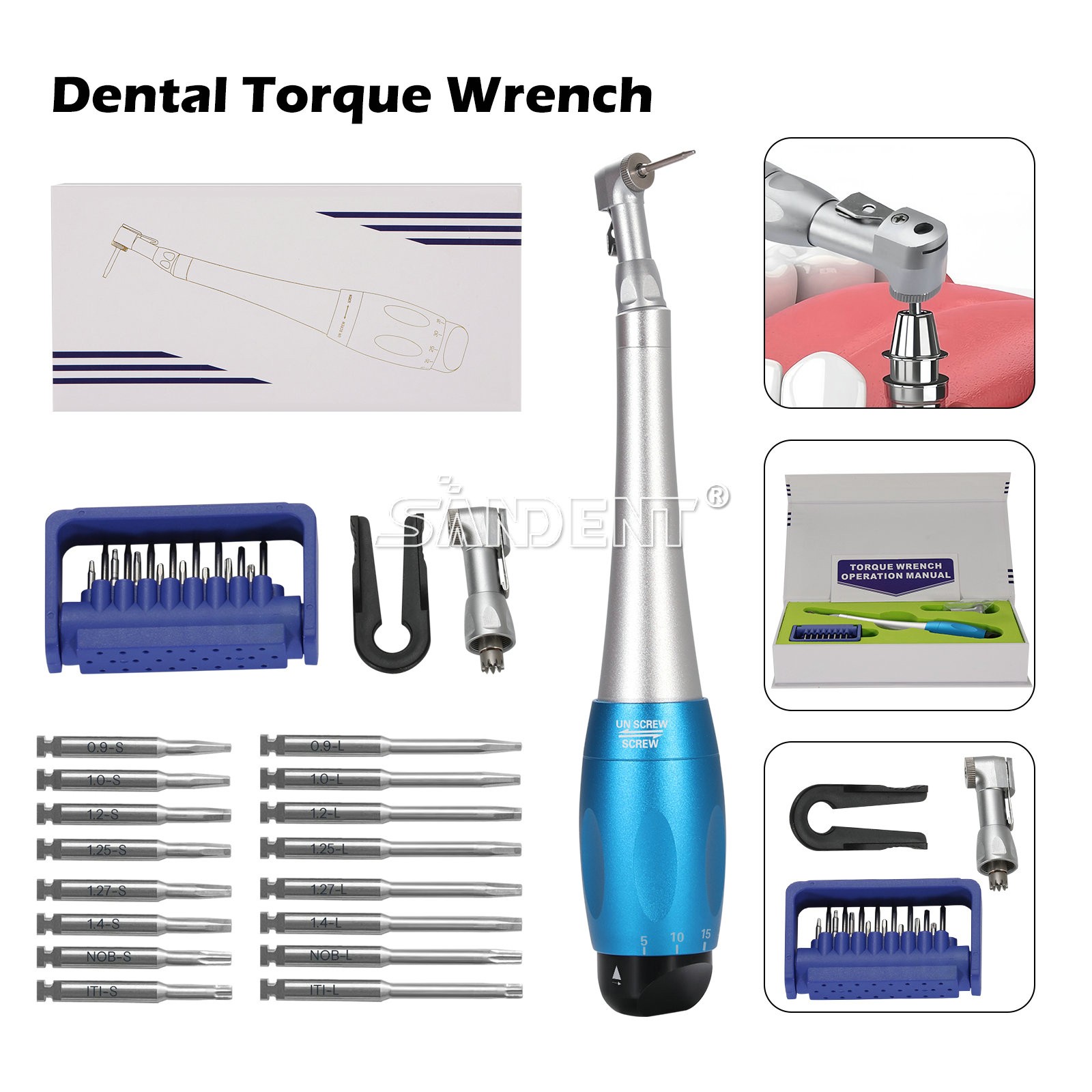 Universal Dental Implant Kit Torque Wrench Contra Angle & 16pcs Drivers Blue