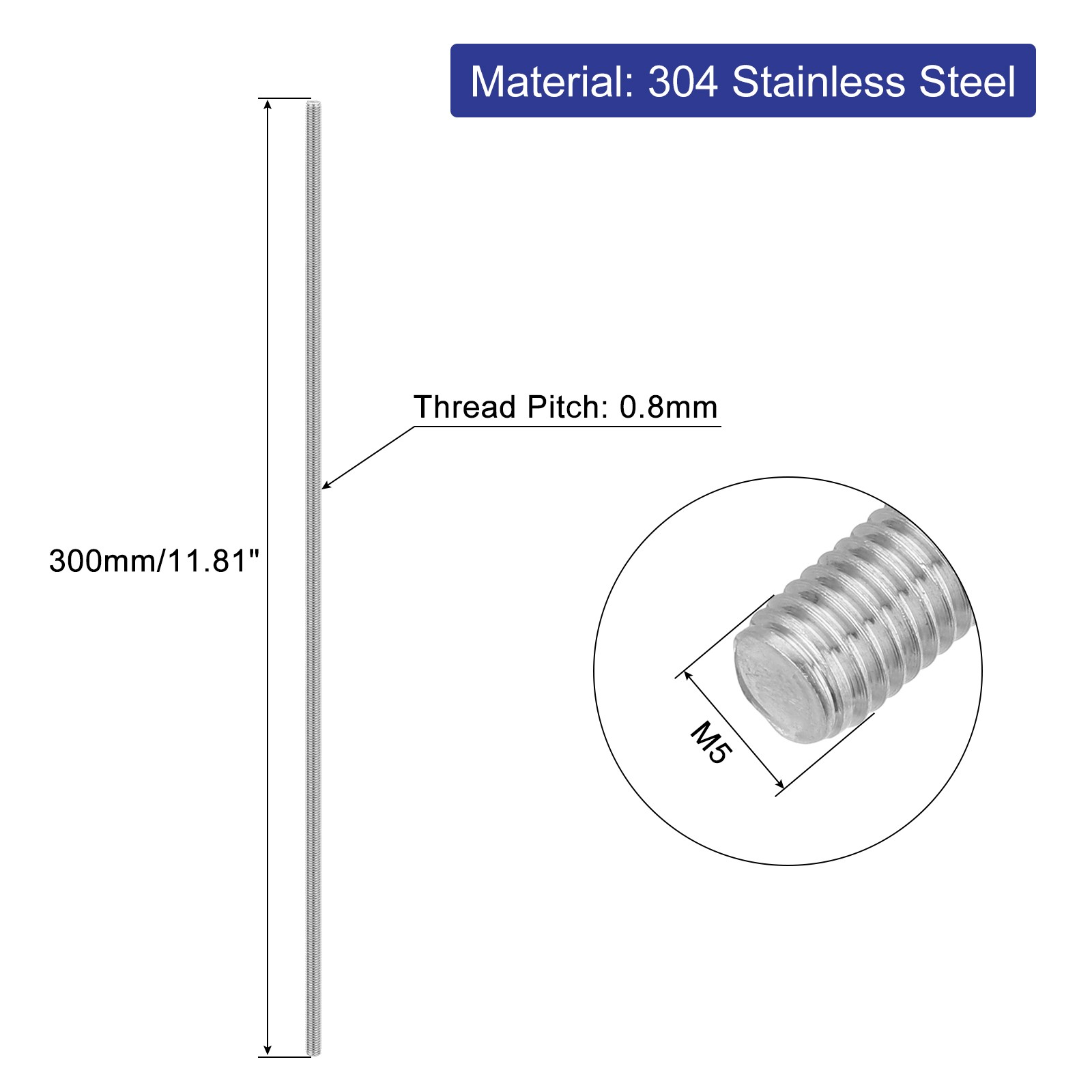 5 PCS M5x300mm Fully Threaded Rods Bars Stud 0.8mm Pitch 304 Stainless Steel