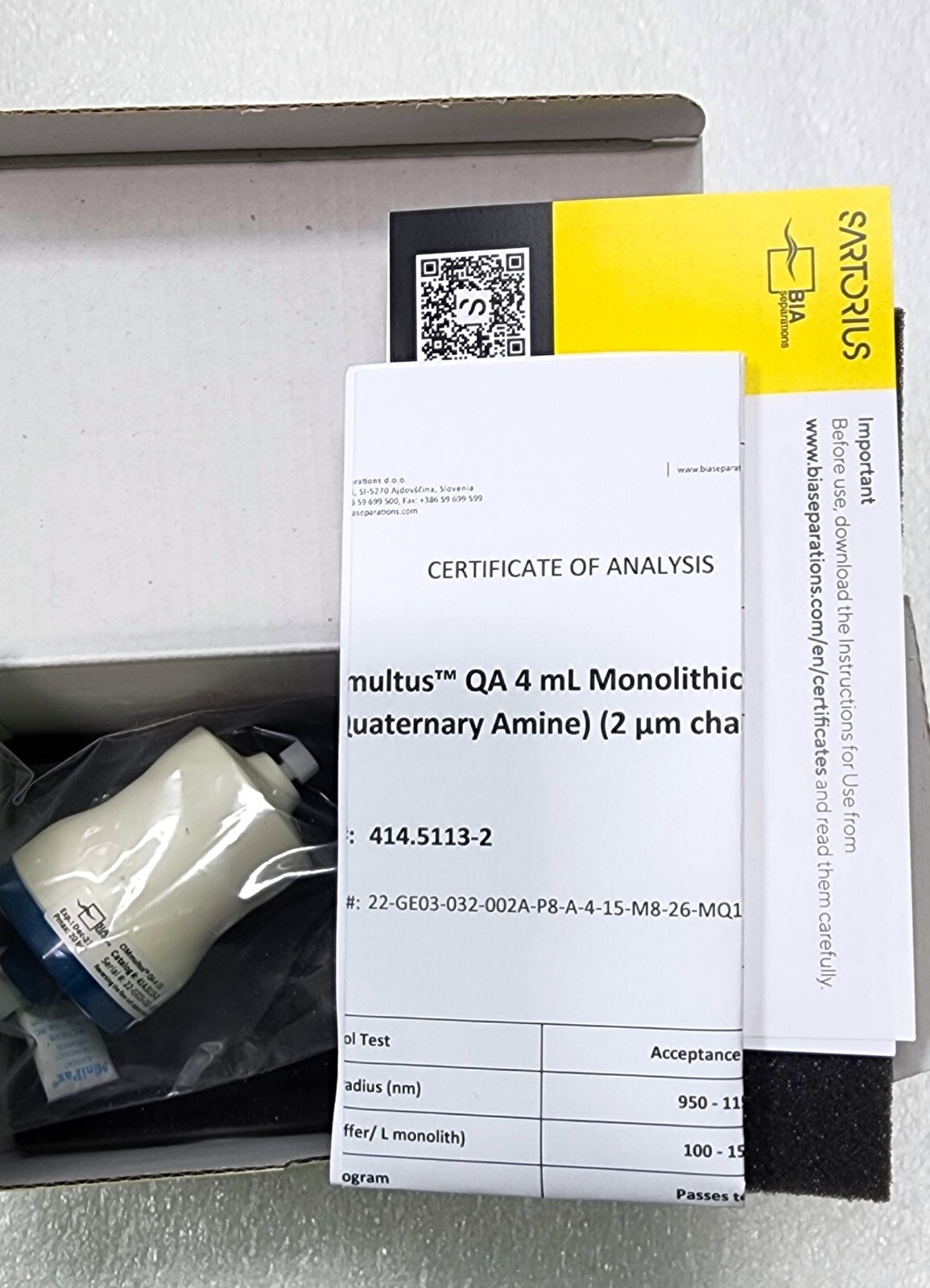 SARTORIUS/ BIA Separations CIMmultus QA 4 mL Monolithic Column (2 μm) 414.5113-2