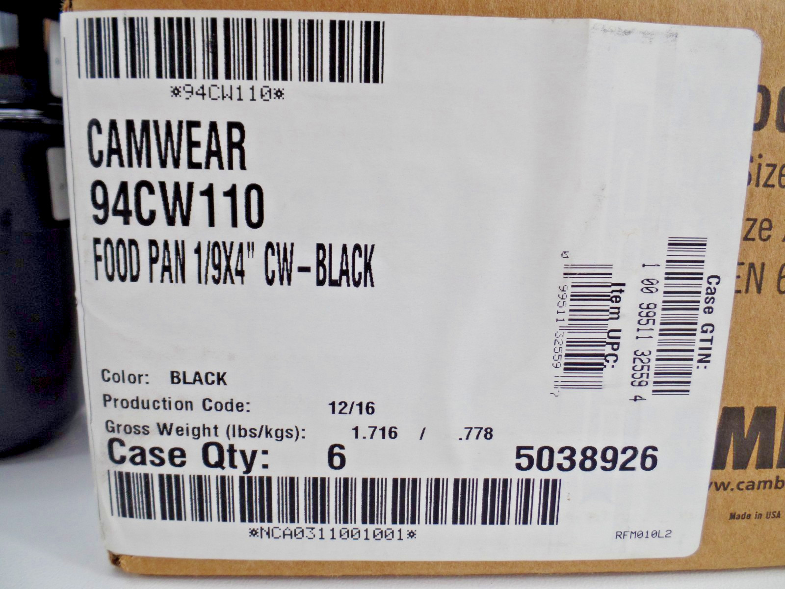 Cambro Camwear 94CW110 Food Pan 1/9 4″ Deep Black New 6 In Case