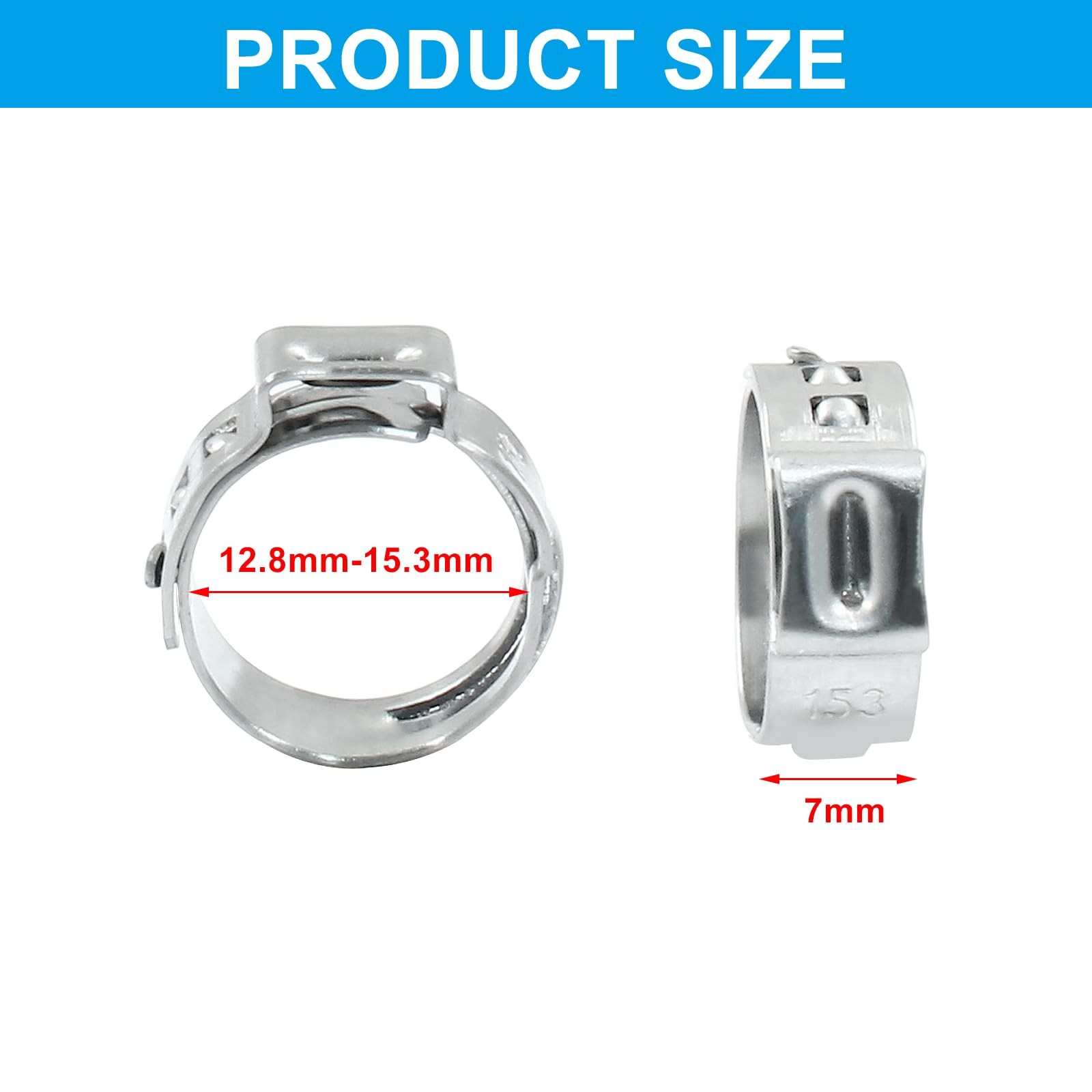 Litoexpe 50 Pcs Single Ear Hose Clamp 12.8-15.3mm 12.8mm-15.3mm, Silver