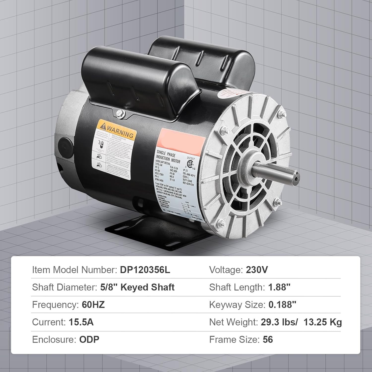 3HP Air Compressor Motor 230V 3450RPM 56 Frame Single Phase CW CCW Shaft