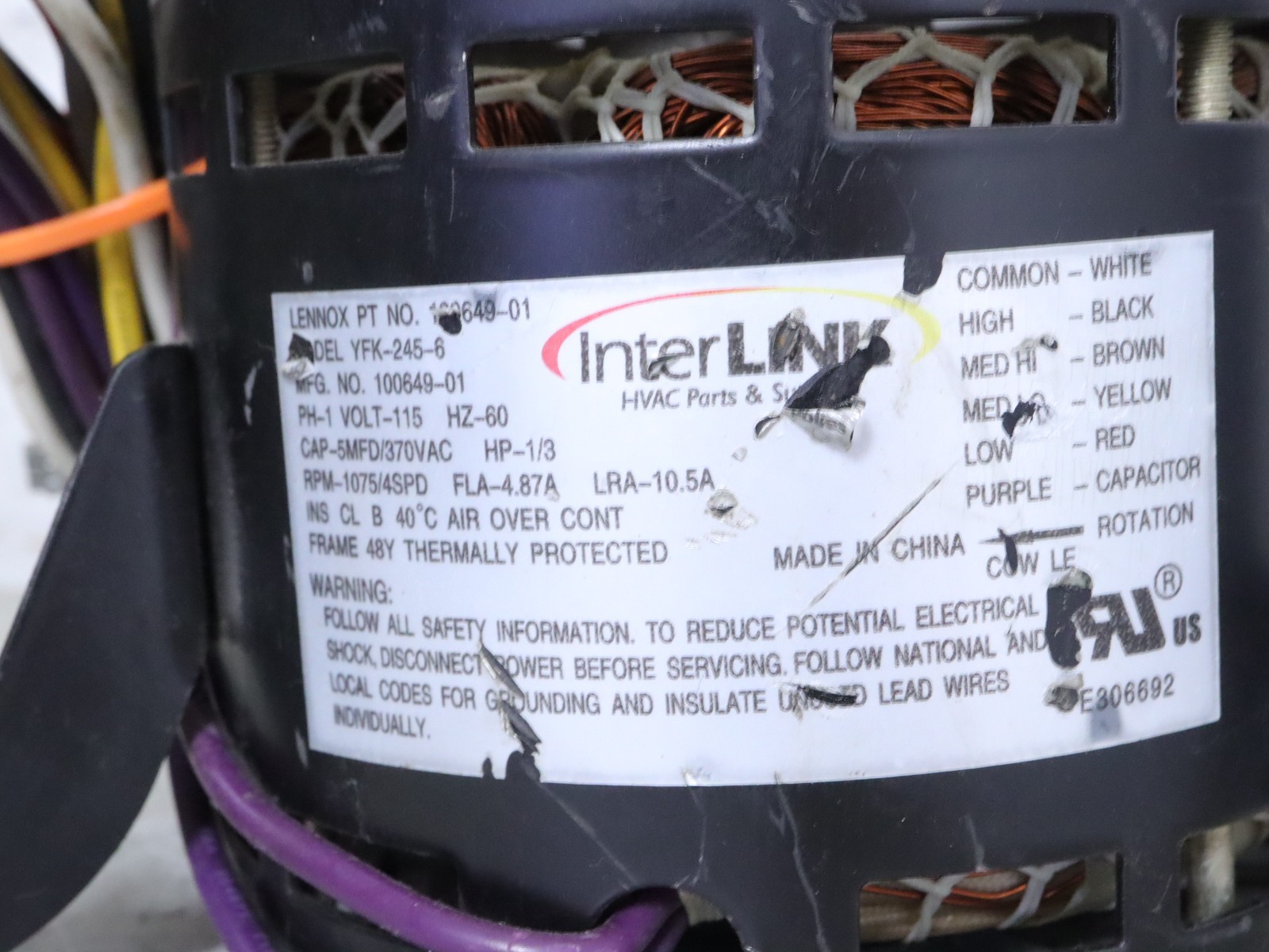 InterLINK LENNOX 100649-01 Blower Motor 1/3HP 115V 1075RPM 4SPD 1PH YFK-245-6