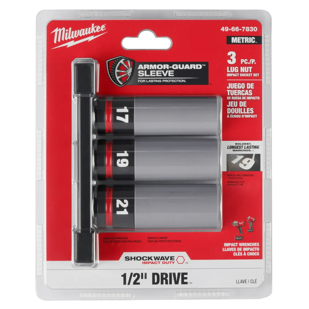 Milwaukee 49-66-7830 SHOCKWAVE 1/2″ Impact Duty Metric Lug Nut Socket Set -3 PC