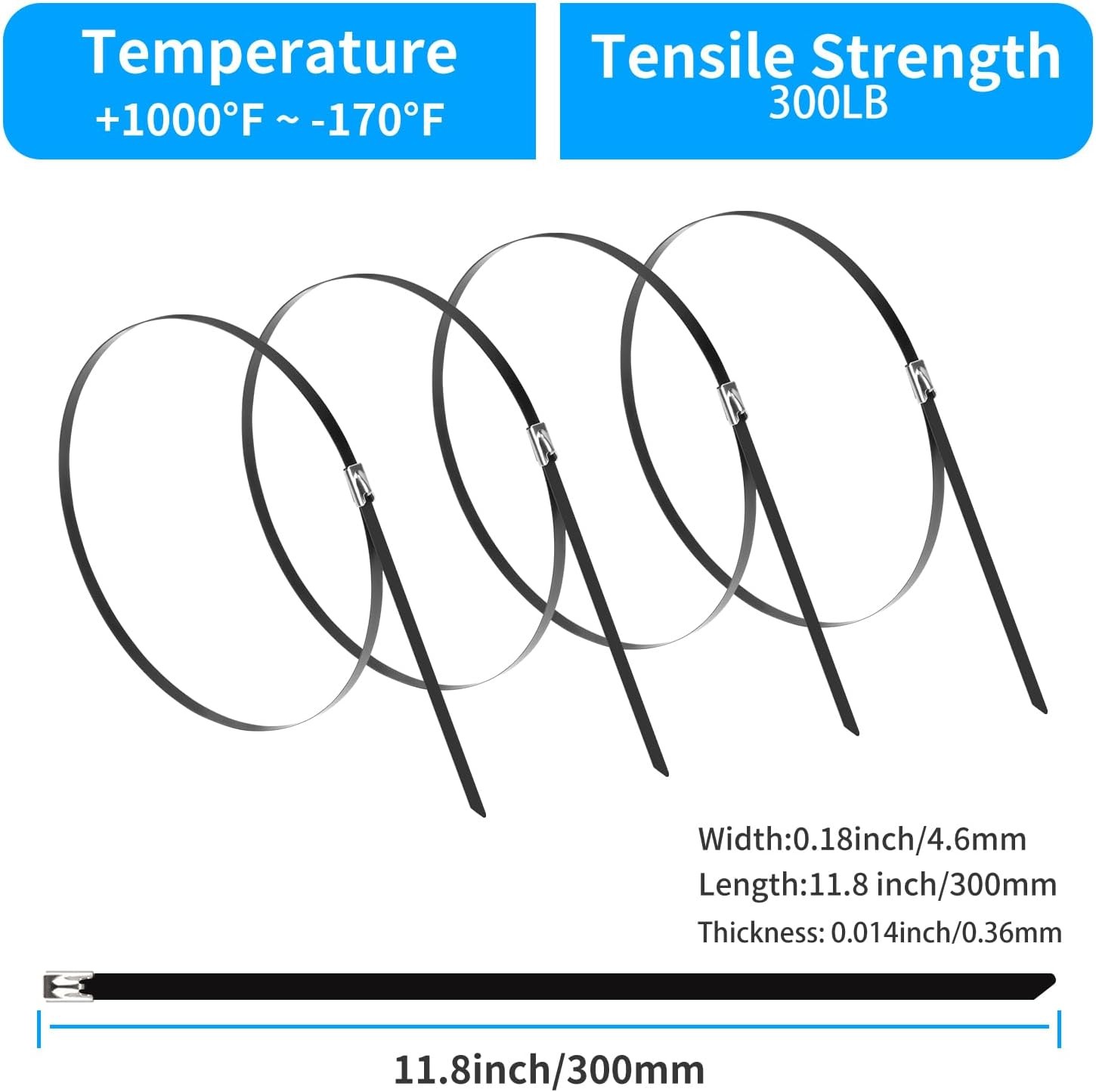200 Pack 11.8 Inch 304 Stainless Steel Cable Ties Set Heavy Duty Metal Zip Ties