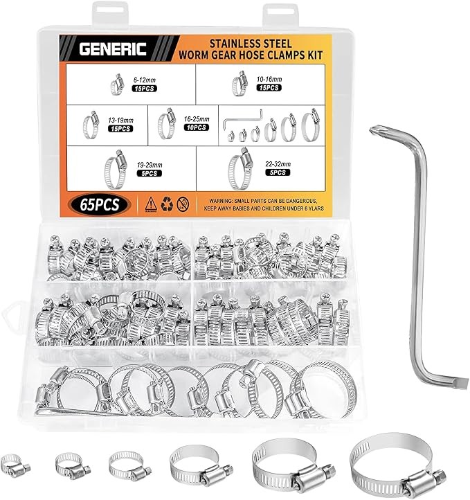 201 Stainless Steel Hose Clamp Assortment Kit 65Pc Adjustable Worm Gear 6 Sizes