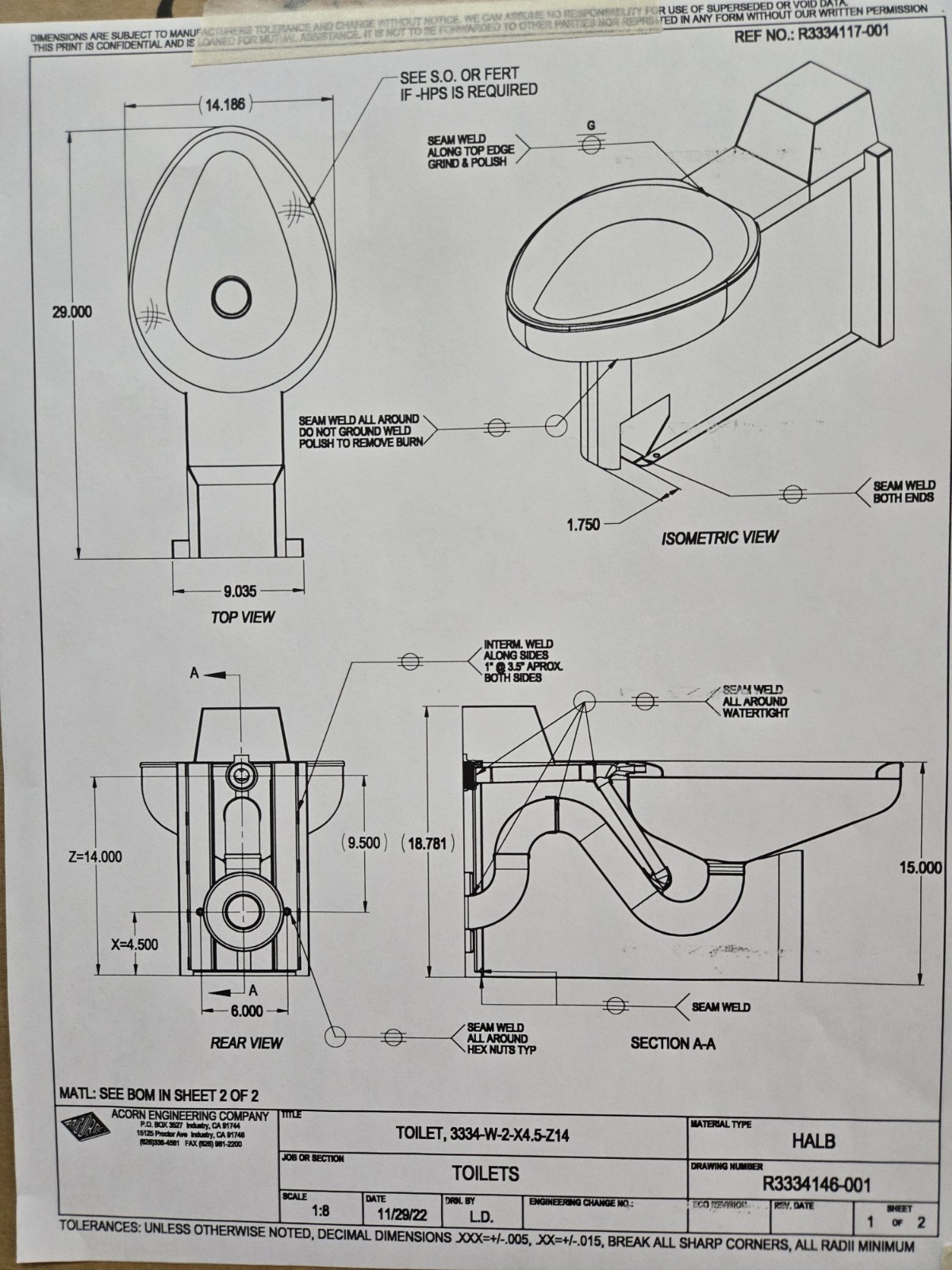Stainless Toilet ACORN 3334 Commercial Toilet Rear Discharge Industrial Bar NEW