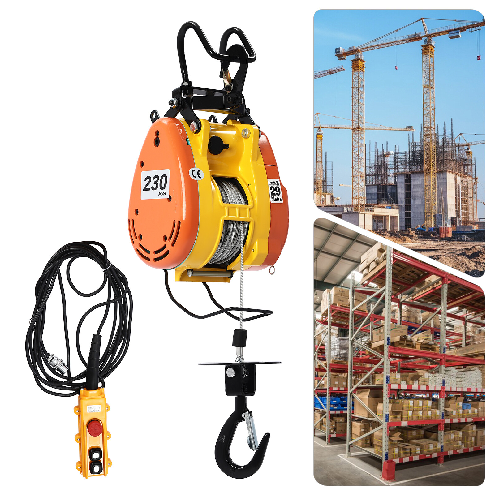 1300W 500lbs Electric Hoist 95ft Lifting Crane Winch w/Wired Remote Control 110V