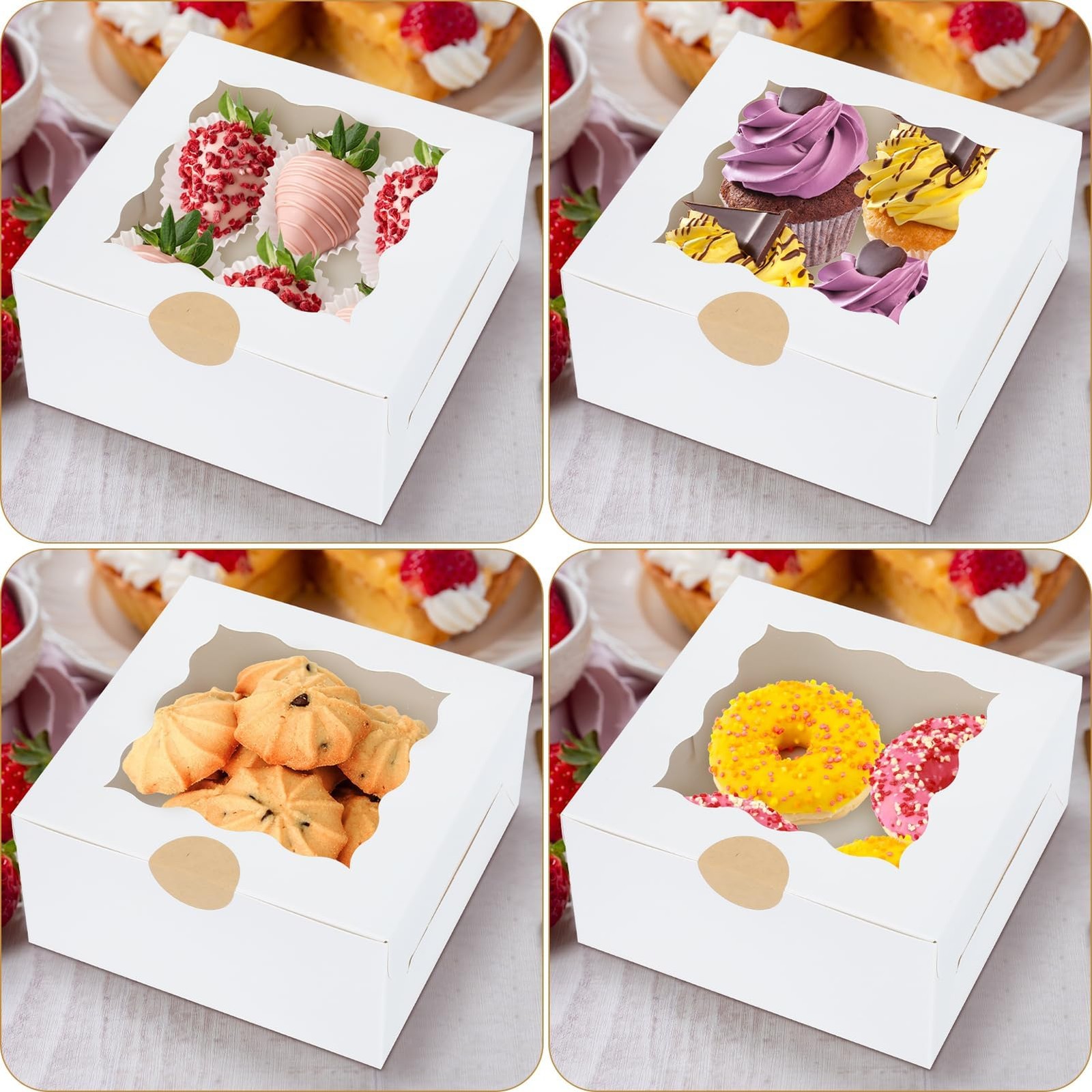 HawHawToys 60 Pcs Bakery Boxes with Window, 6 x 6 x 3 Inches, Large, White