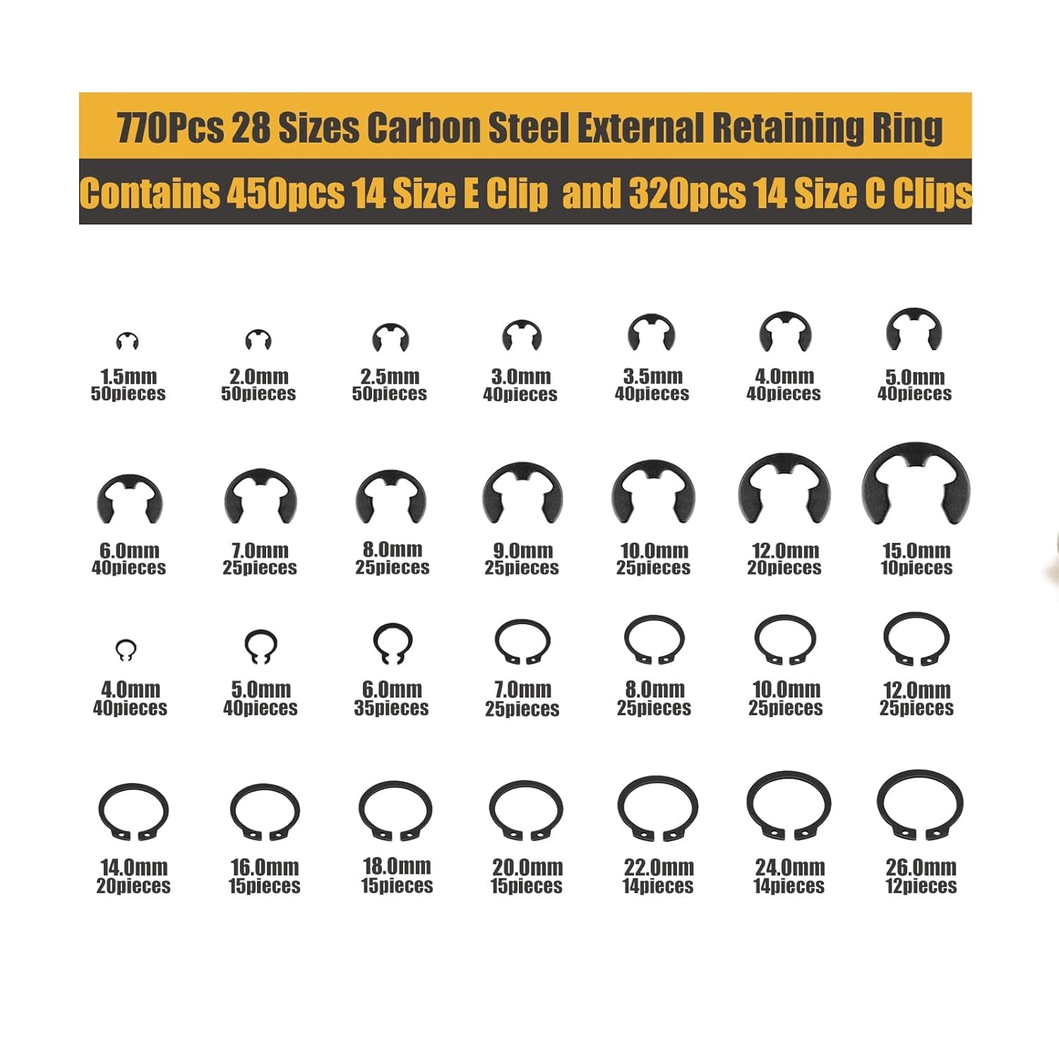 770Pcs C Clips Assortment Set (4mm-26mm) and E Clips Assortment Kit (1.5mm-15mm)