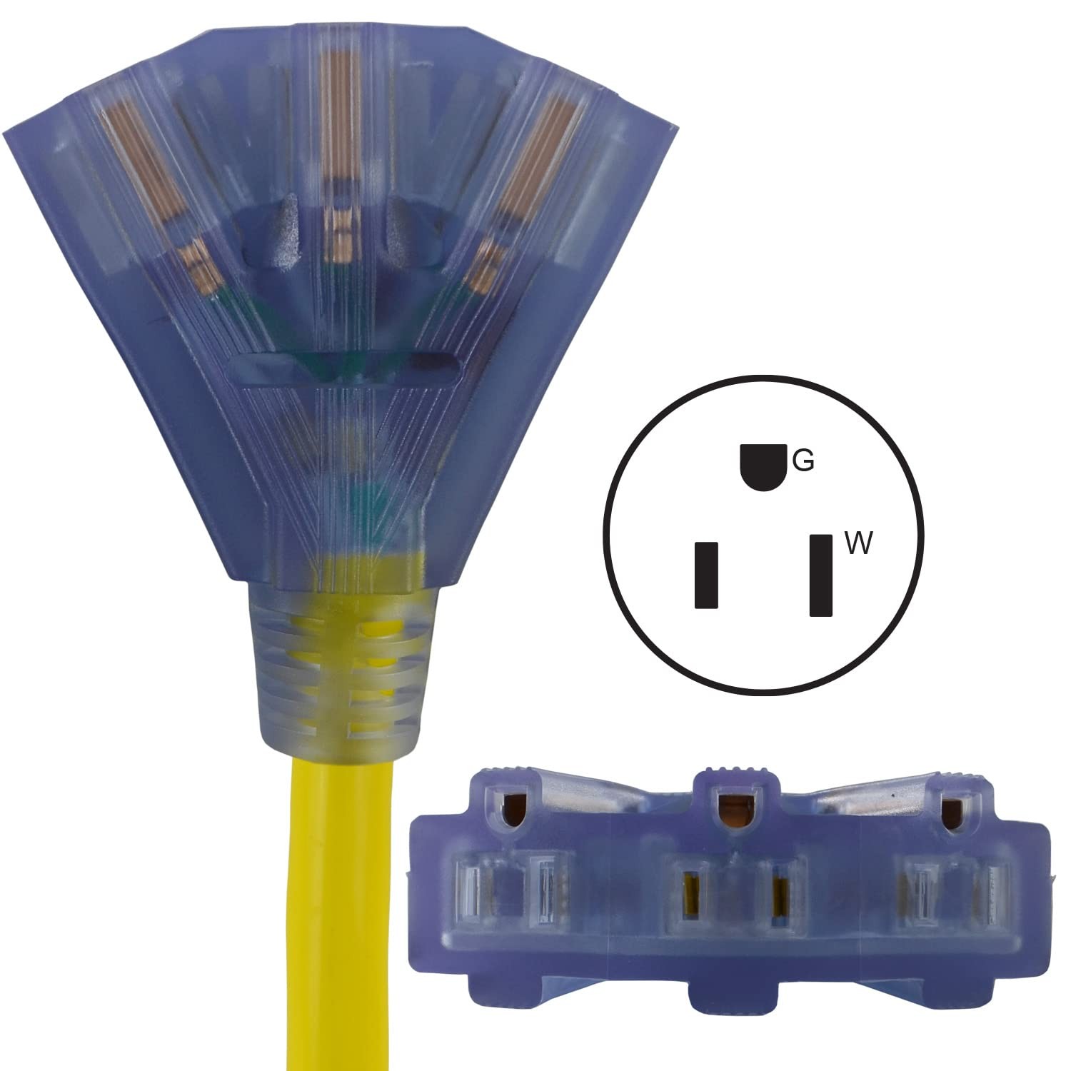 Conntek 1.5ft 20-Amp STW 12/3 Tri-Outlet Cord L5-20P to 3×5-15R