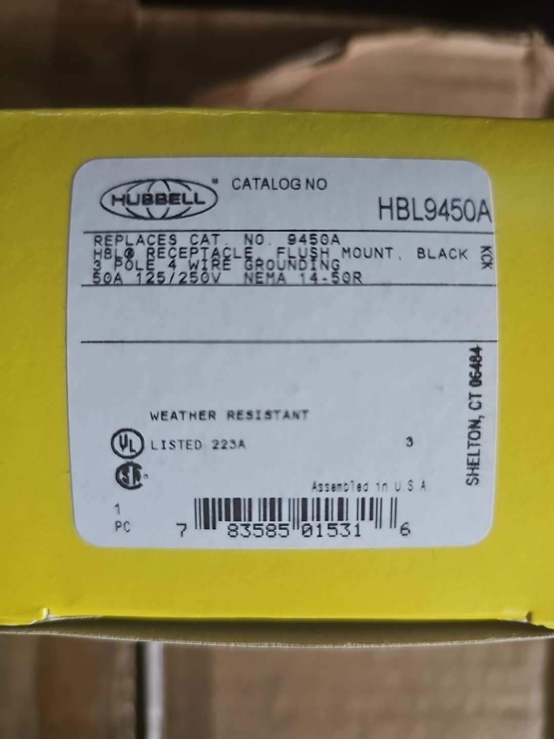 Hubbell HBL9450A Receptacle, 50A 125/250v, 14-50R – MARKED FOR EV CHARGING 9450A