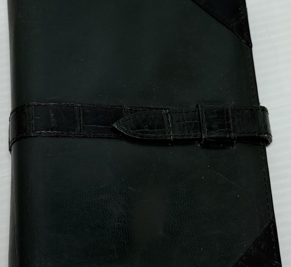 VTG Dark Green Leather Day Planner Black Alligator Strap Ostrich Interior Retro