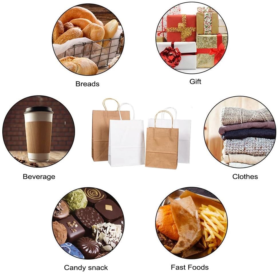 HSMOK Brown Paper Bags with Handles, 1 Count (Pack of 100),