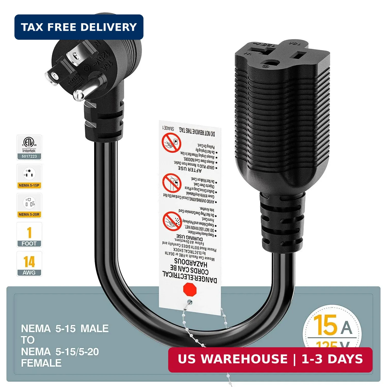 1-Foot Right Angle15 Amp Household AC Plug to 20 Amp T Blade Adapter Cable，14AWG