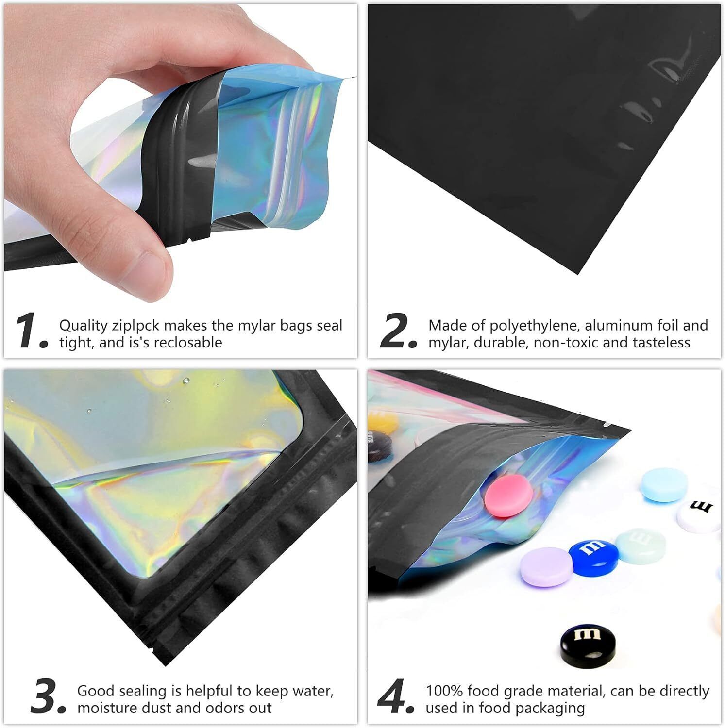 100/200 Pcs Holographic Mylar Foil Bags Resealable Zip Seal Pouches Smell Proof