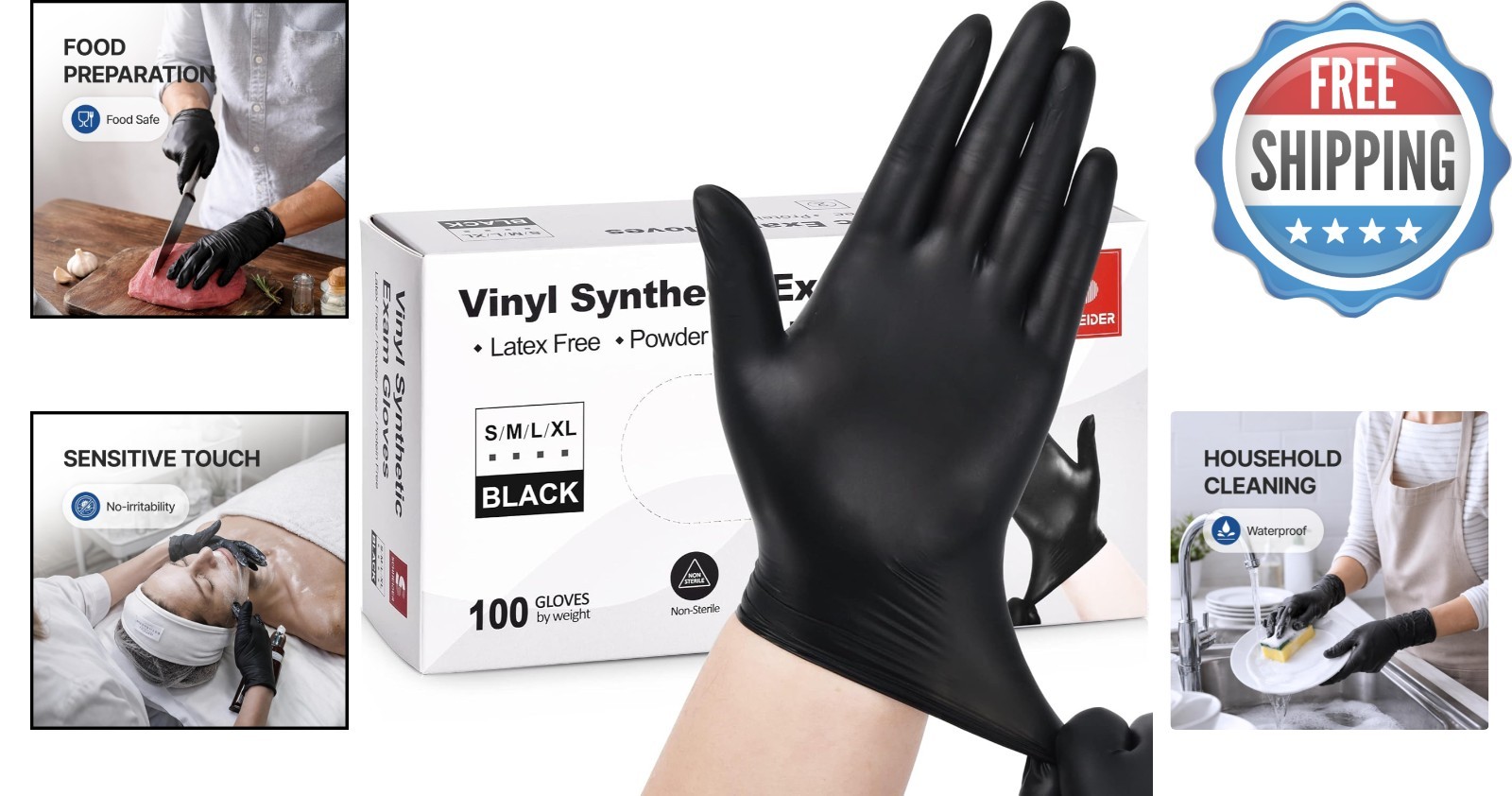 Vinyl Synthetic Exam Gloves, 4 Mil, Latex-Free 100 Count for Medical & Food Prep