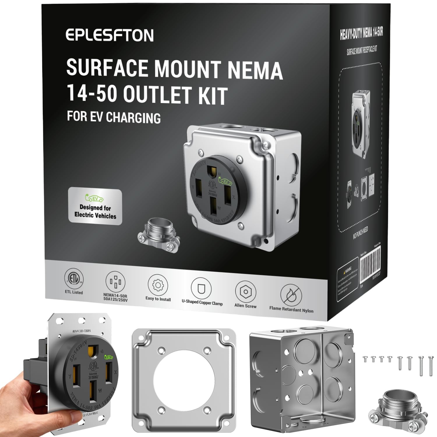 EPLESFTON Nema 14-50 EV Outlet with Surface Mount Box Mount, Black