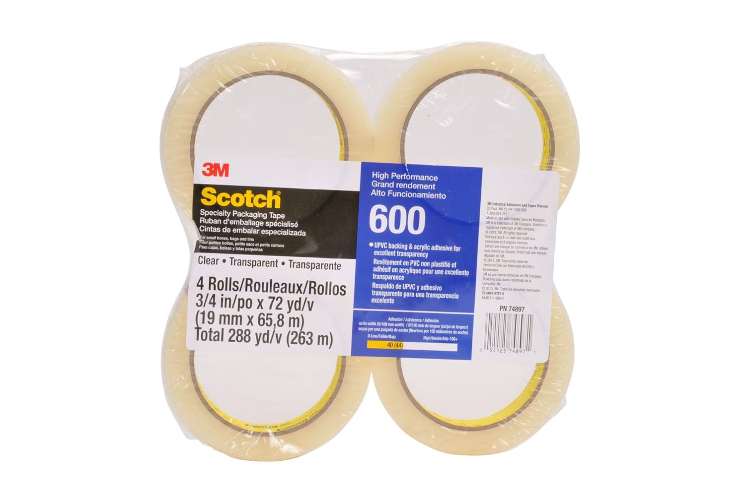 Scotch Light Duty Packaging Tape 600 Clear High Clarity, 3/4 in X 72 Yd