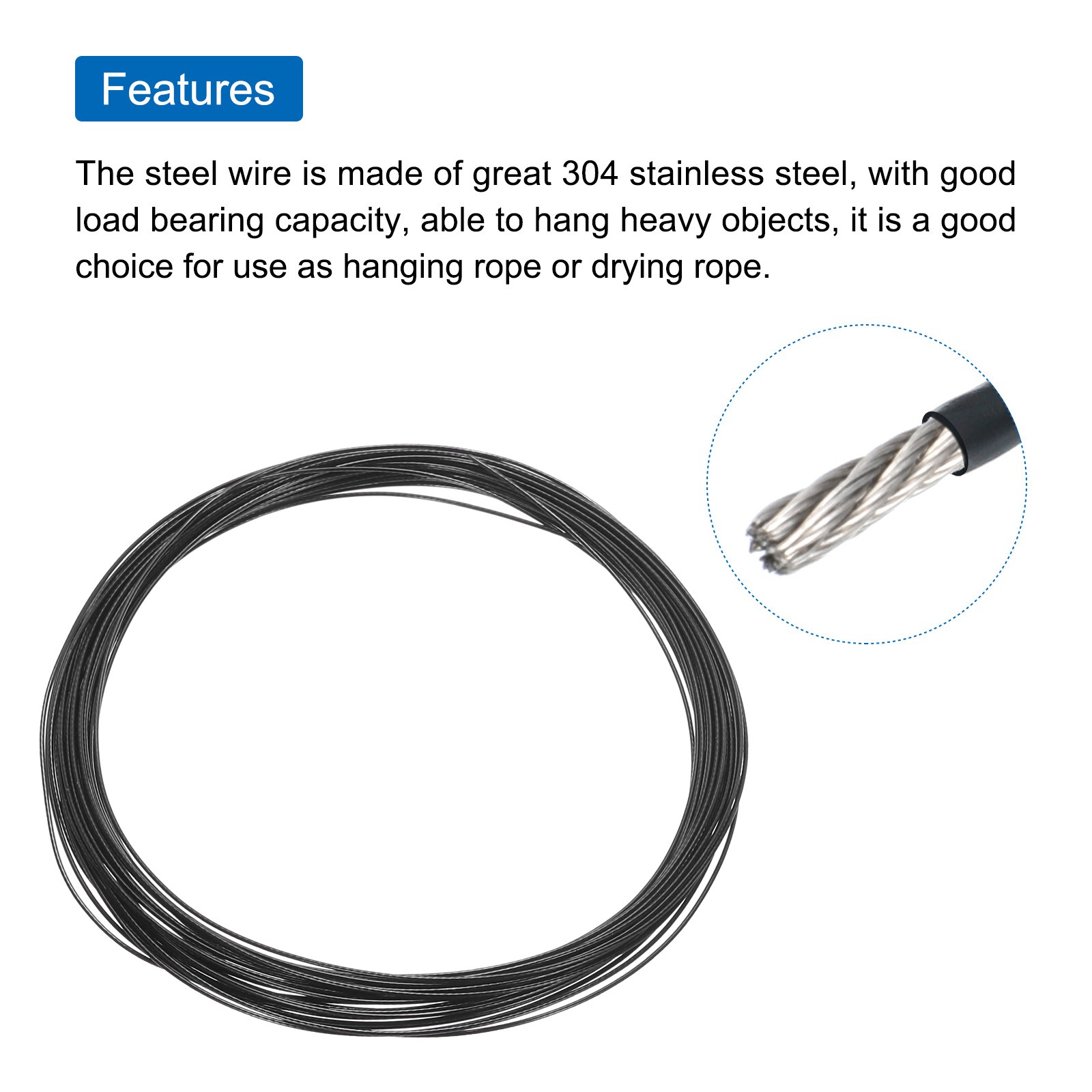 33Ft(10M) Wire Rope 304 Stainless Steel 1/32″(0.8mm) with 2Pcs Sleeve Black