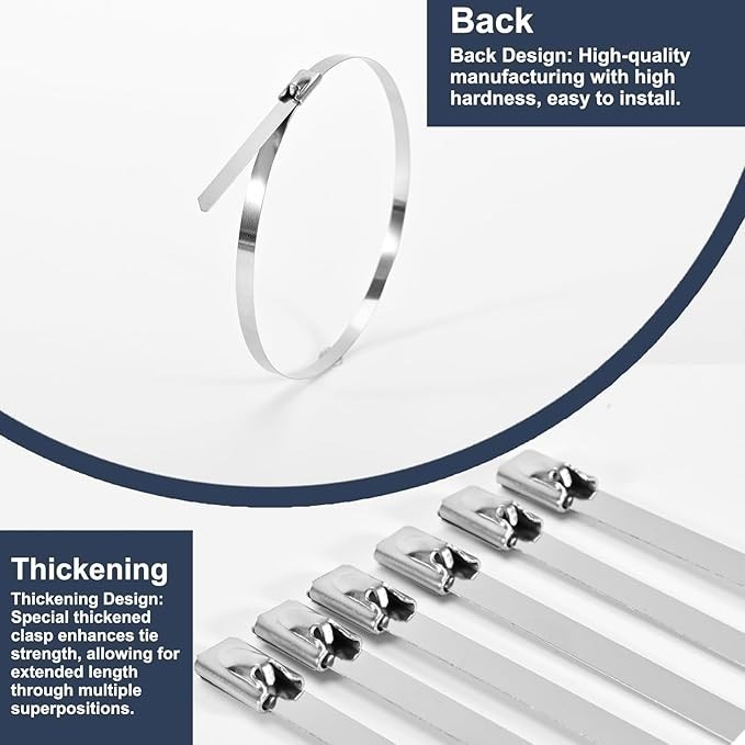 100 Pack Metal Zip Ties 11.8 Inch Heavy Duty 304 Stainless Steel Locking Cable