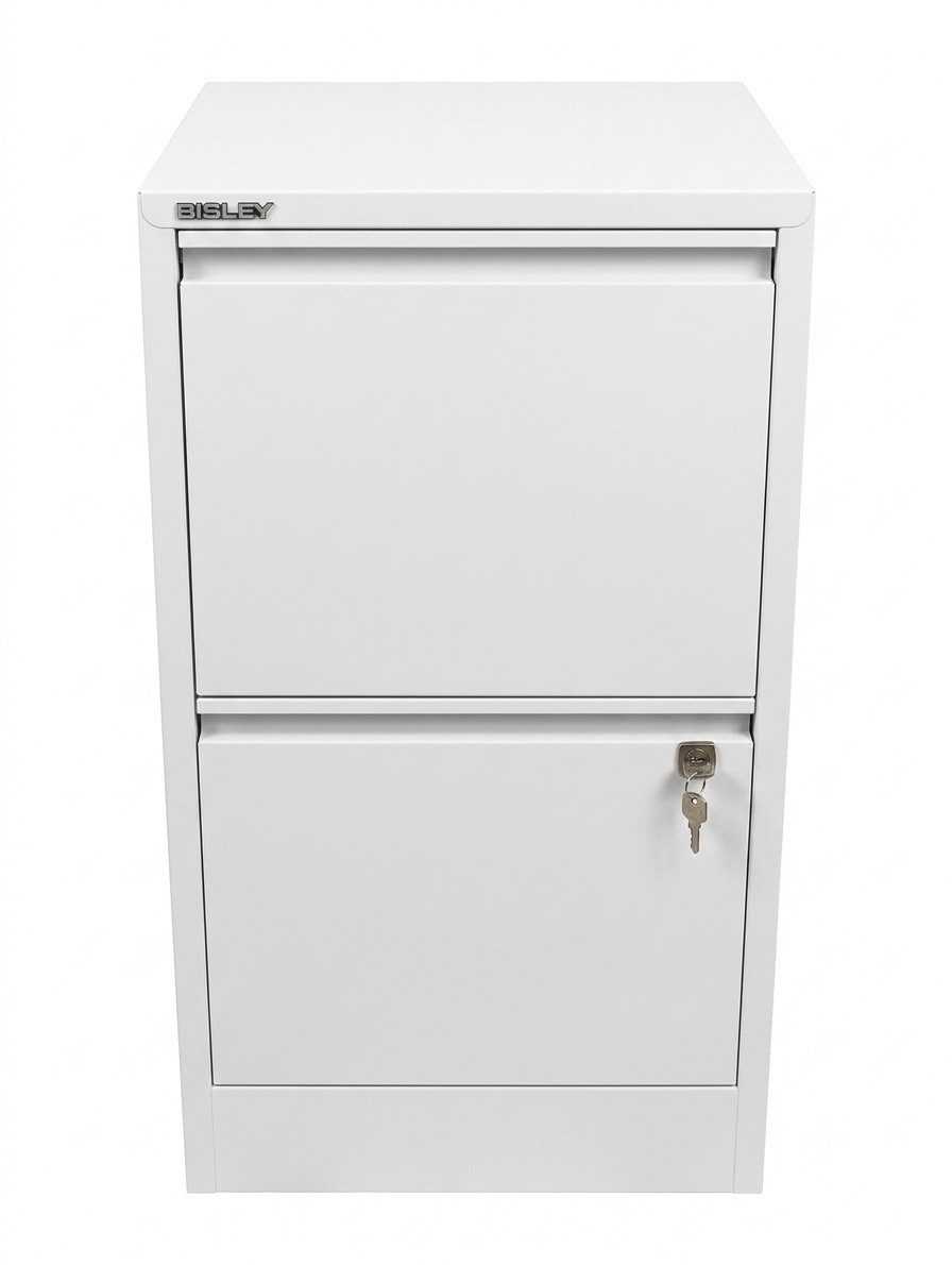 Bisley 2 Drawer Locking Metal Vertical File Cabinet – Powder Coated White – NEW