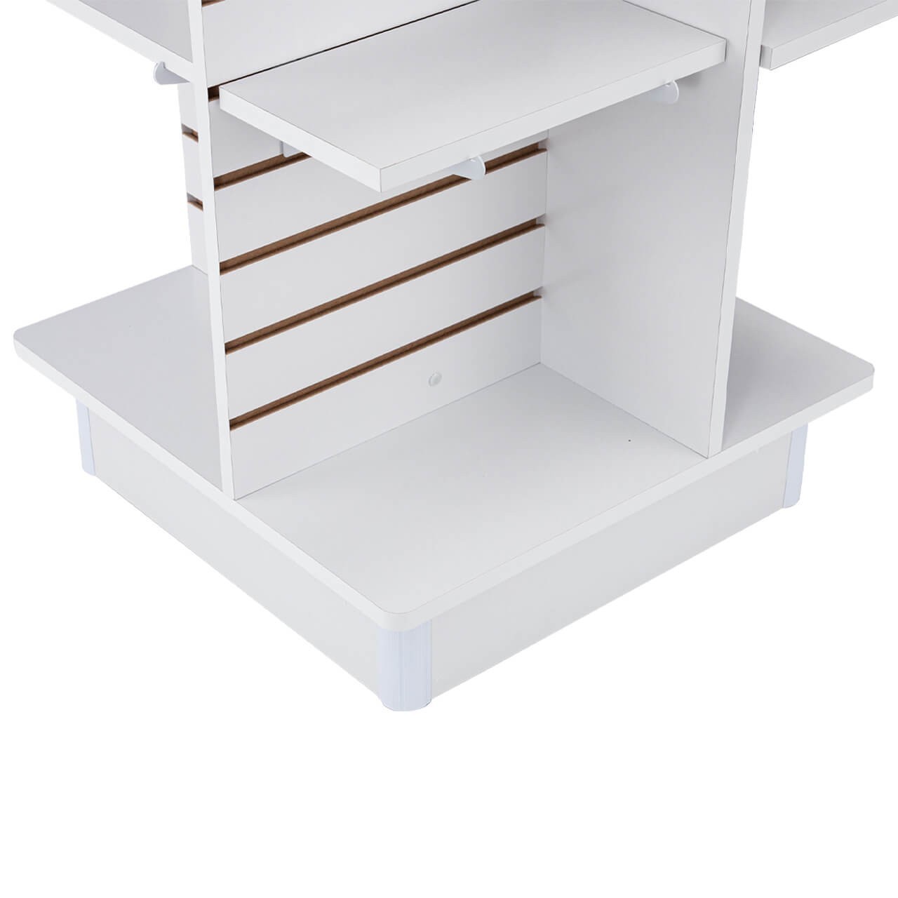 4 Panel White Slatwall Tower Casters and Shelves 23″ x 23″ x 54″