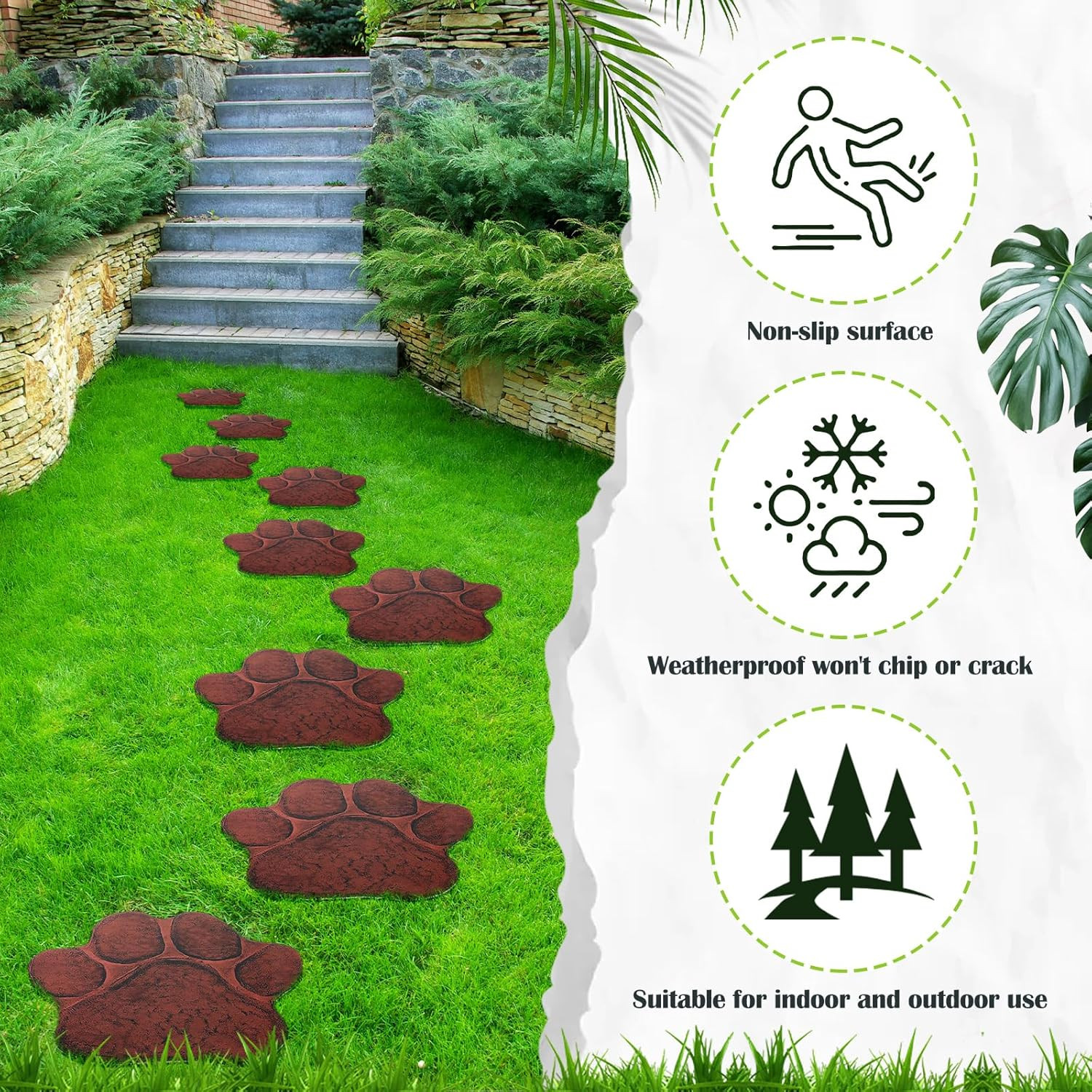 Dog Paw Garden Stepping Stones – Set of 3 Rustic Outdoor Decor 12″ Brown