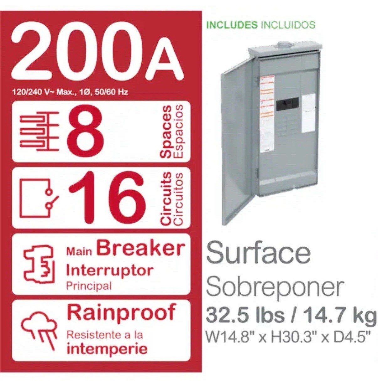 Square D Homeline Outdoor 200 Amp 8 Spaces 16 Circuits Main Breaker Panel Box