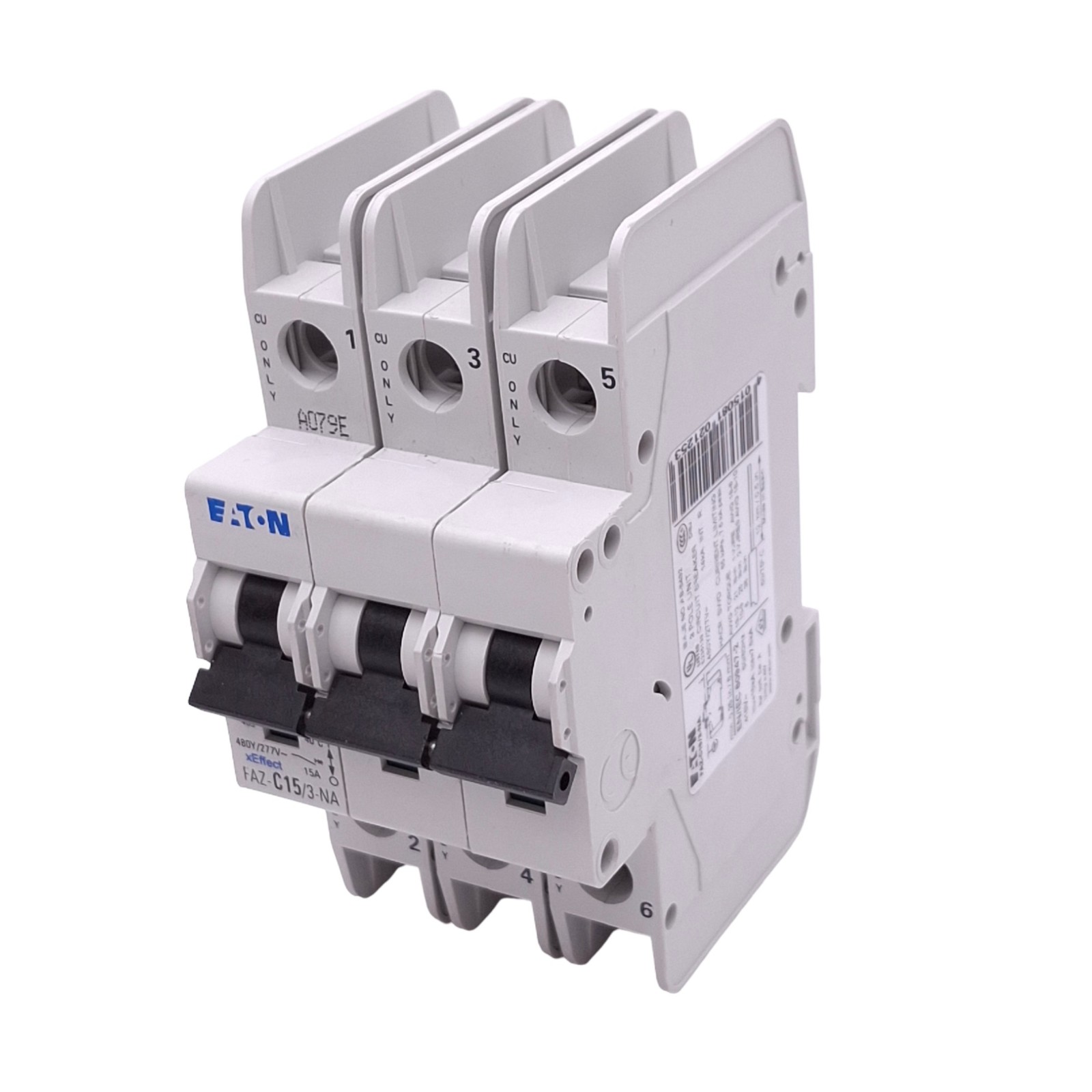 Eaton FAZ-C15/3-NA Circuit Breaker, 3-Pole, 15A, 480Y/277VAC Max, DIN Rail
