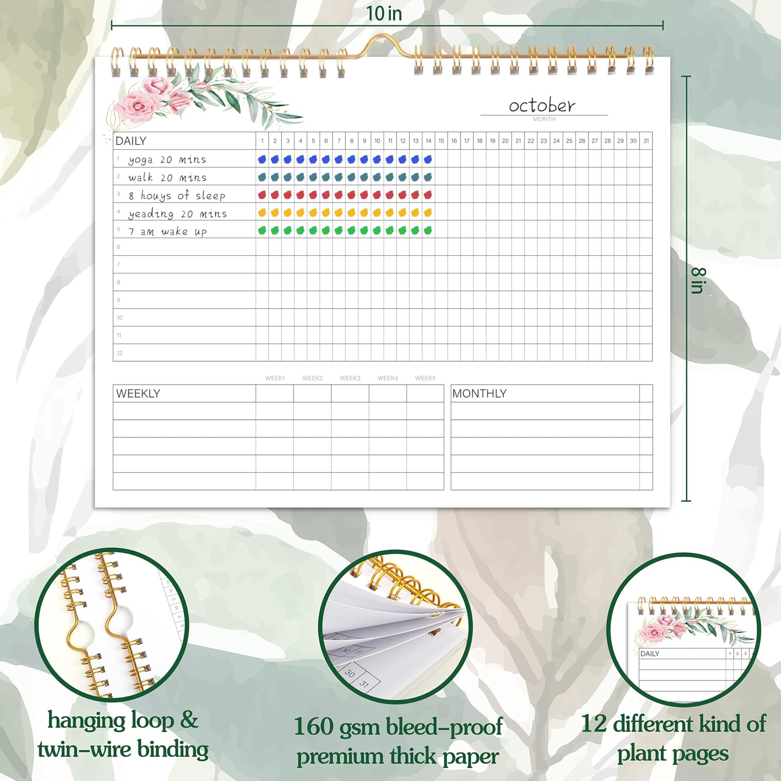 Habit Tracker Calendar- Daily, Weekly & 10 inches wide by 8 long, Red