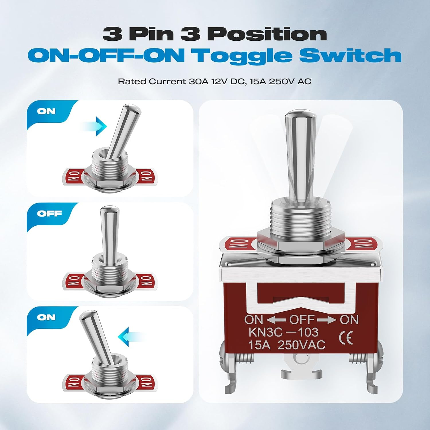 3 Way Toggle Switch, ON-Off-ON 3 Pin 3 Position SPDT Marine DC12V 30A Heavy Dut