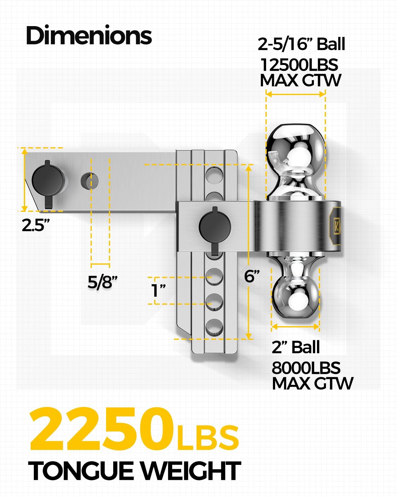 2.5″ Receiver 6″ Drop/Rise Adjustable Trailer Hitch Balls 18500 lbs