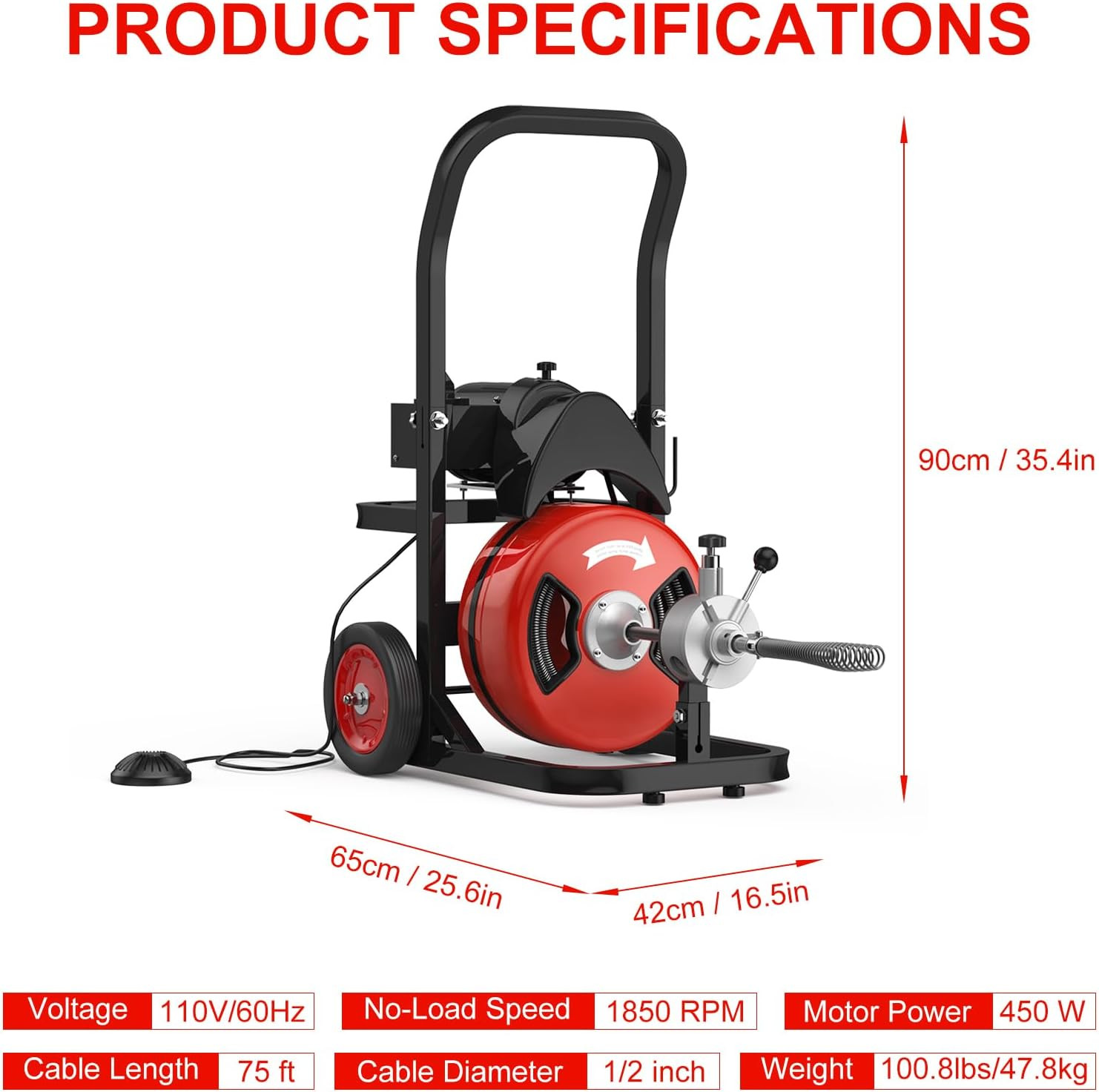 Drain Cleaner Machine Electric Drain Auger 75 FT x 1/2 In Auto Feed with Cutters