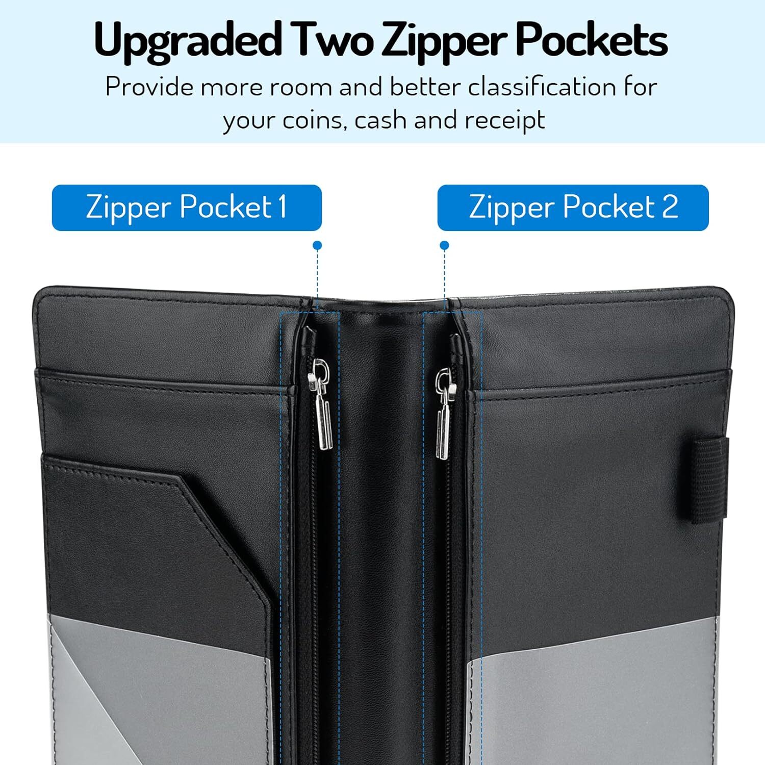 Server Book with 2 Zipper Pockets Leather Server Books for Waitress