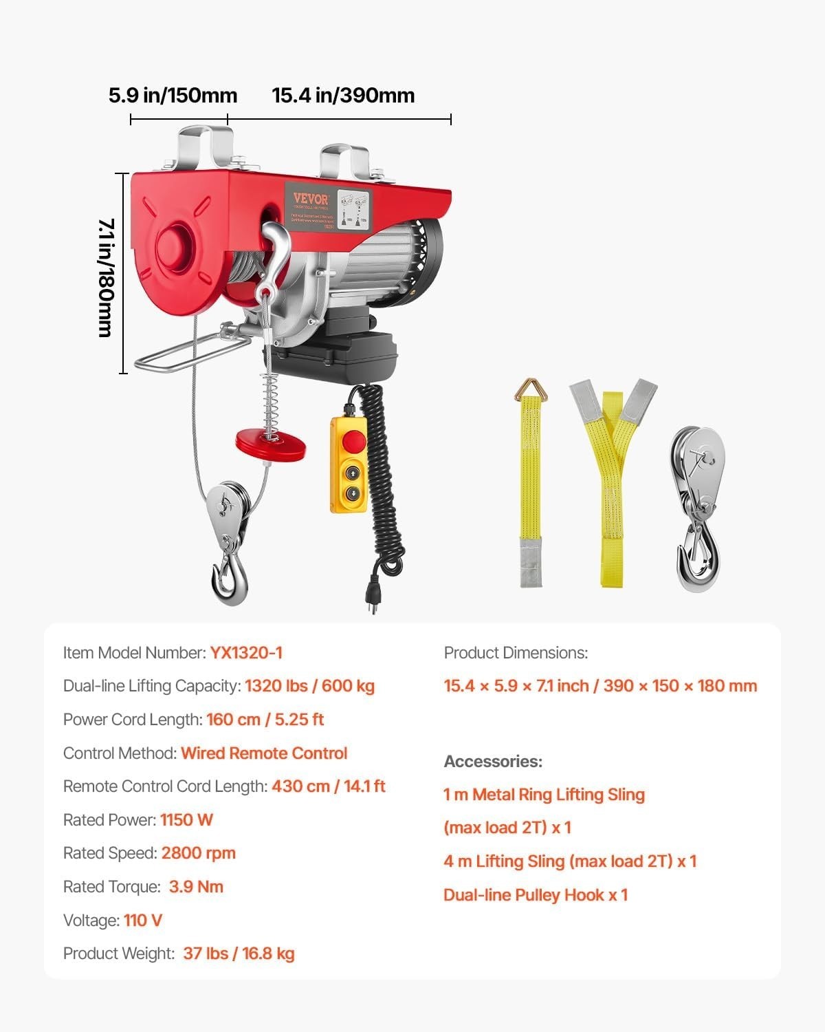 Electric Winch 1320LBS With Remote Control Heavy Duty Lifting Equipment