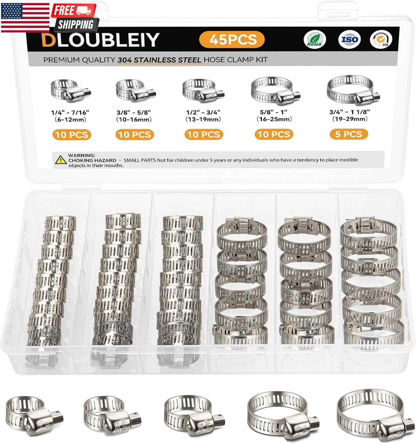 45PCS Hose Clamp Assortment Kit – Stainless Steel Hose Clamps with Worm Gear, Ad