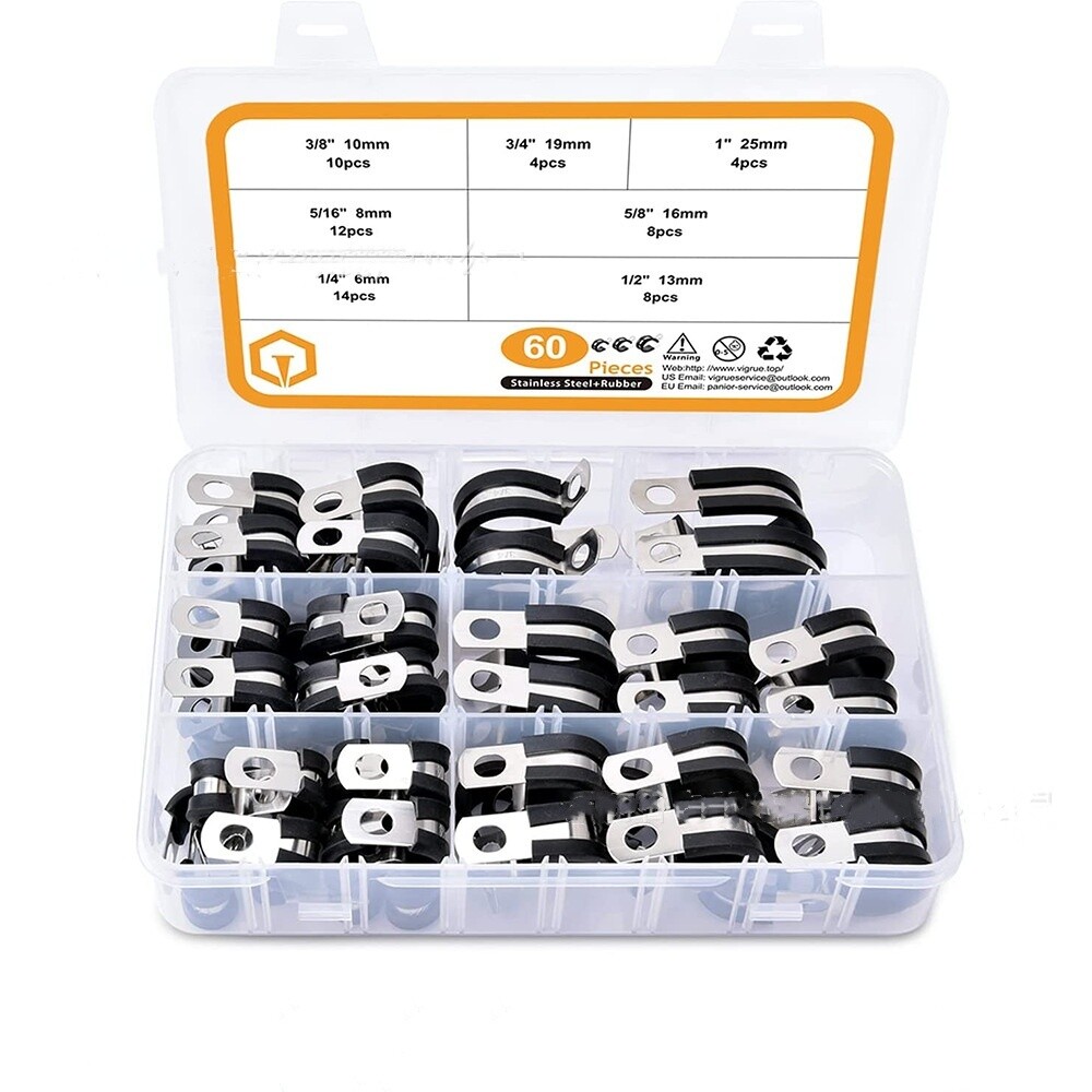60Pcs Cable Clamps Assortment Kit 7Sizes 304 Stainless Steel Metal Cable Clamp