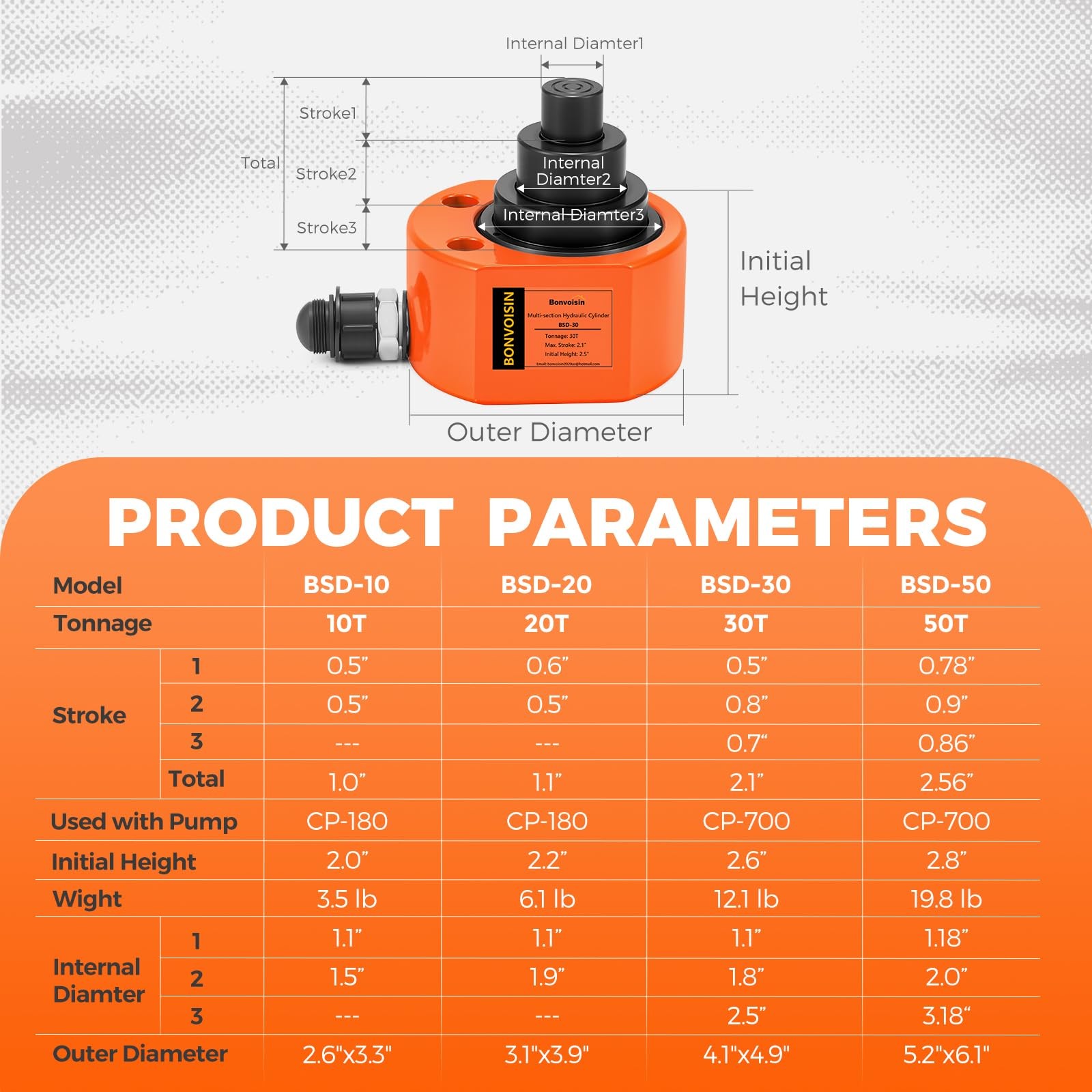 Bonvoisin Hydraulic Ram Jack 30T Low Profile Porta Power Cylinder 30T, Orange
