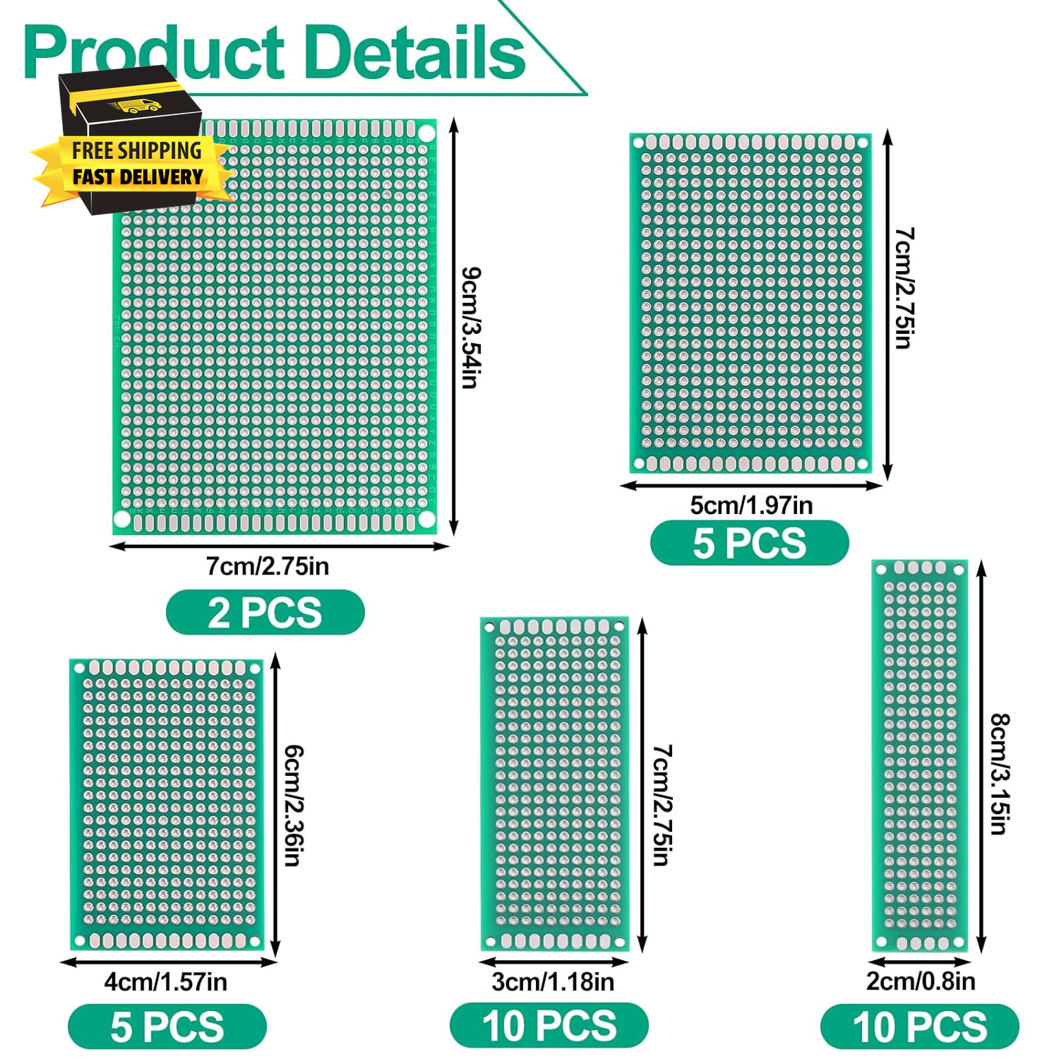 32 Pcs PCB Board, Green Circuit Board with 5 Sizes Compatible, Double Sided PCB