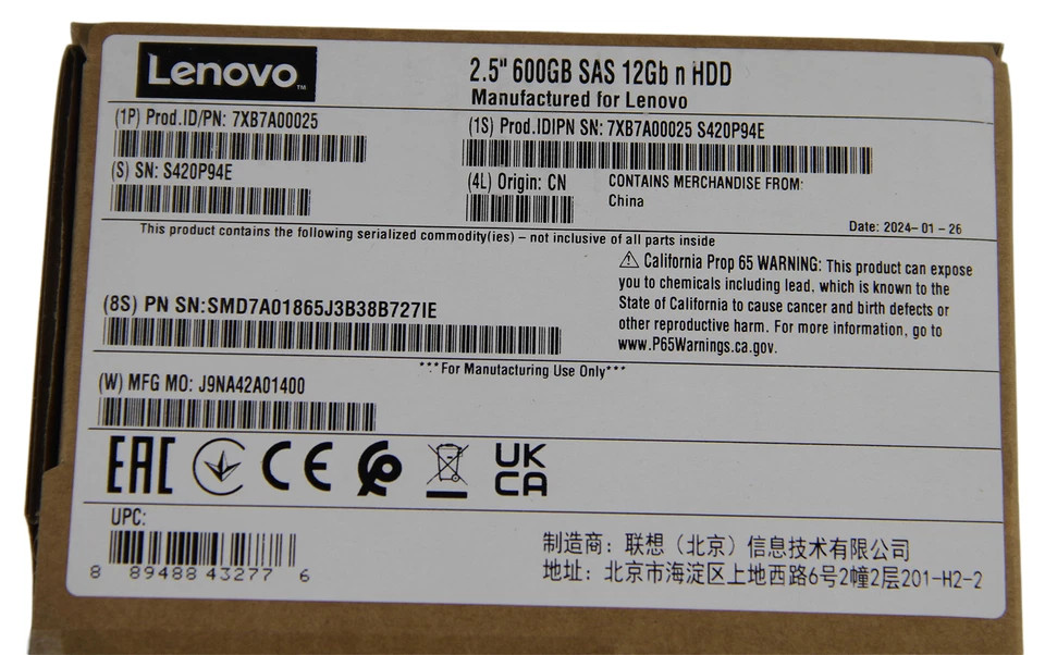 New 7XB7A00025 For ThinkSystem 2.5″ 600GB 10K SAS 12Gb Hot Swap FRU 00YK014