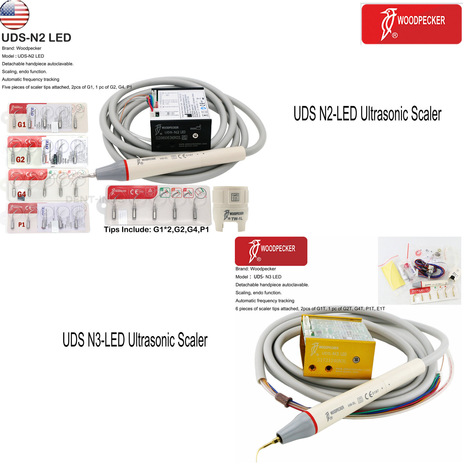 US Woodpecker Dental Ultrasonic Piezo Scaler Built-in N2 N3 LED HW-5L Handpiece
