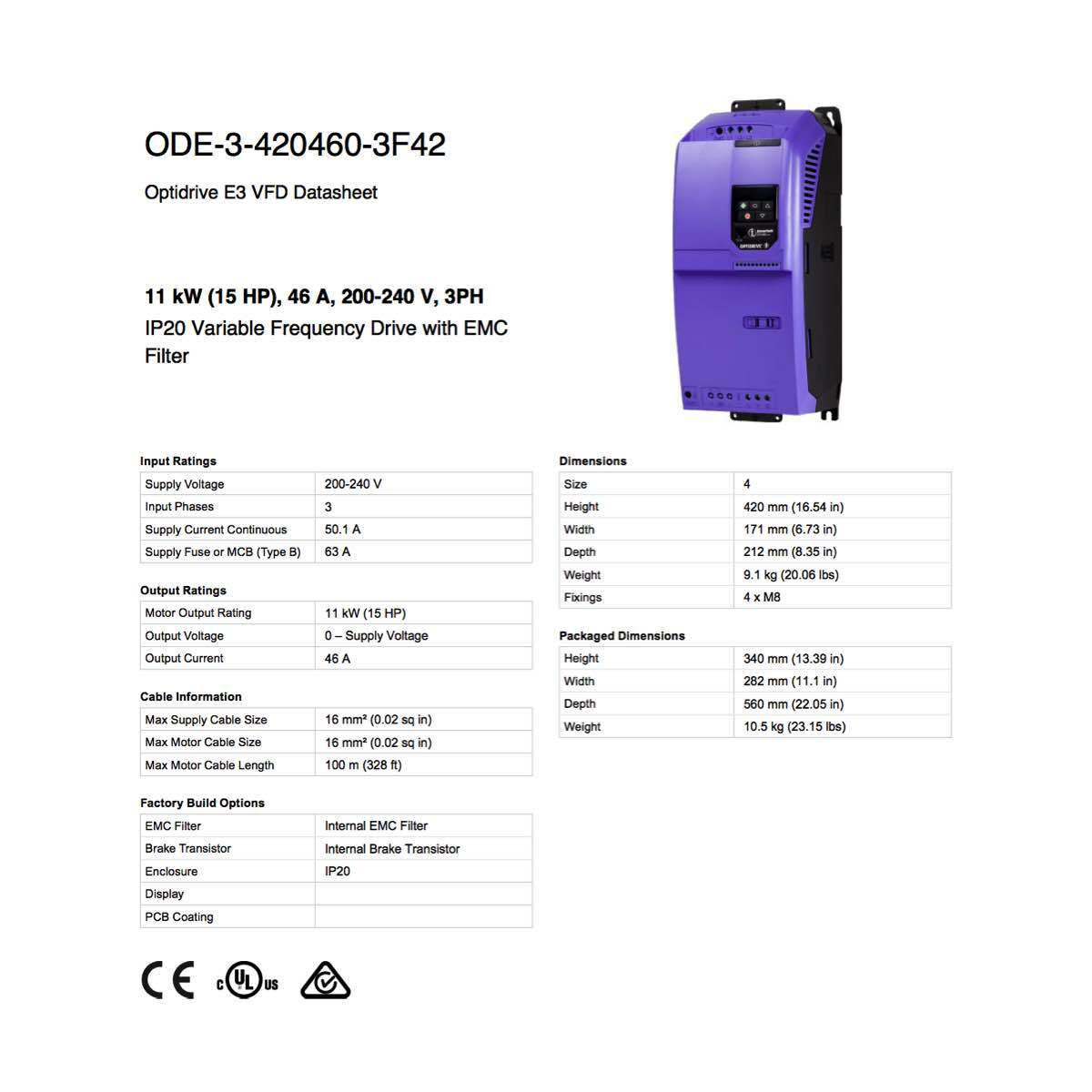 VFD – 15HP 46.0A 200-240V 3Ph/3Ph IP20 – Invertek Optidrive E3 – VFDexchange