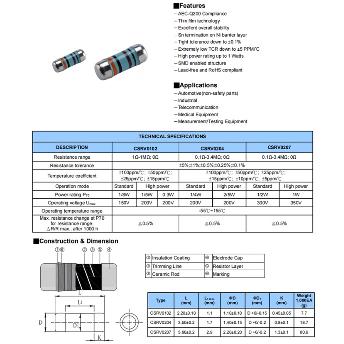 0207 SMT Metal Film Precision ±1% MELF Resistance 1Ω to 3 MΩ/Ohm 57 Values