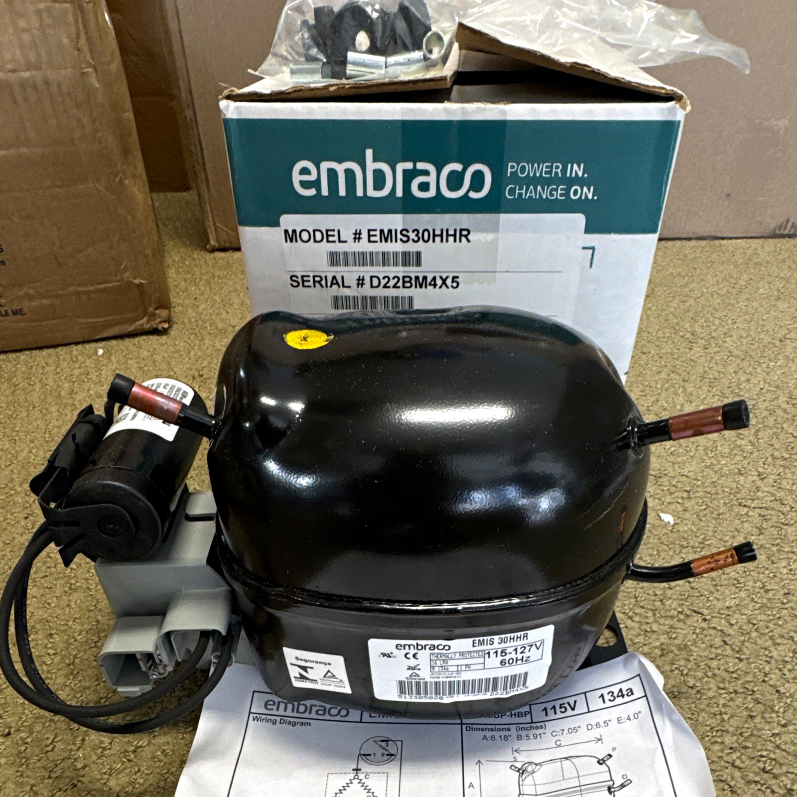 Embraco EMIS30HHR Hermetic Compressor R134a 115-127V 60Hz MPN 513305020UA.2