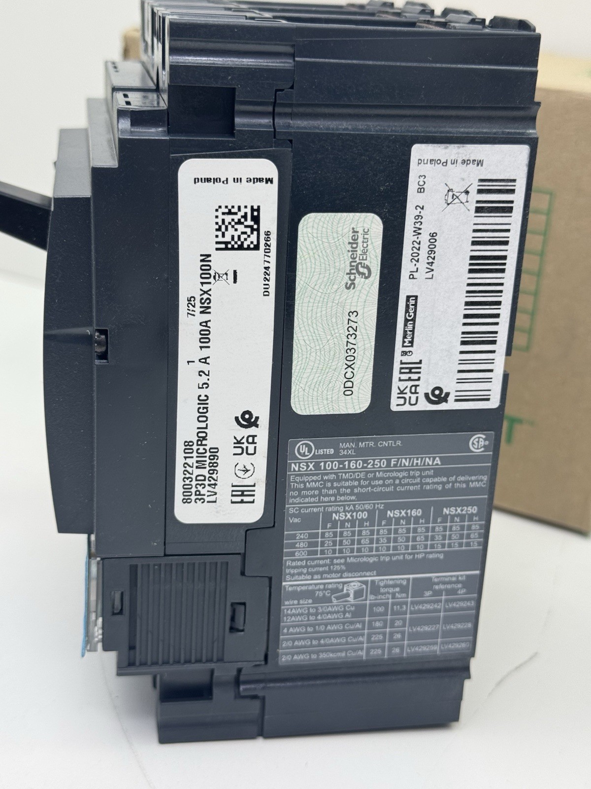 SCHNEIDER ELECTRIC LV429890 COMPACT NSX 3P3D MICROLOGIC 5.2A 100 NSX100N