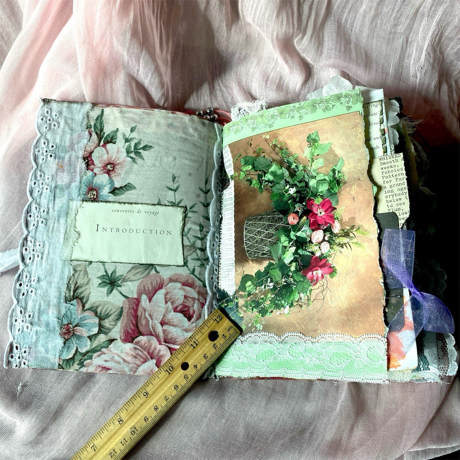 Handmade Vintage Silk Fabric Junk Journal Book Romantic Floral 2 Signatures Lace